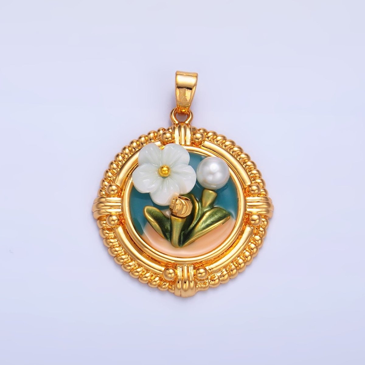 24K Gold Filled Flower Plant Shell Pearl Enamel Pendant | AA1076 - DLUXCA