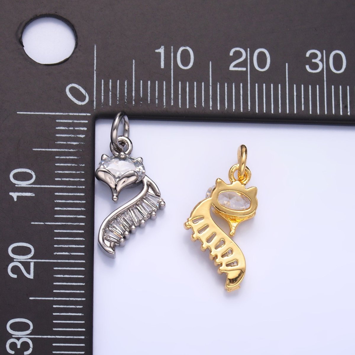 24K Gold Filled Fox Cat Baguette CZ Curve Silhouette Charm in Gold & Silver | W447 - DLUXCA