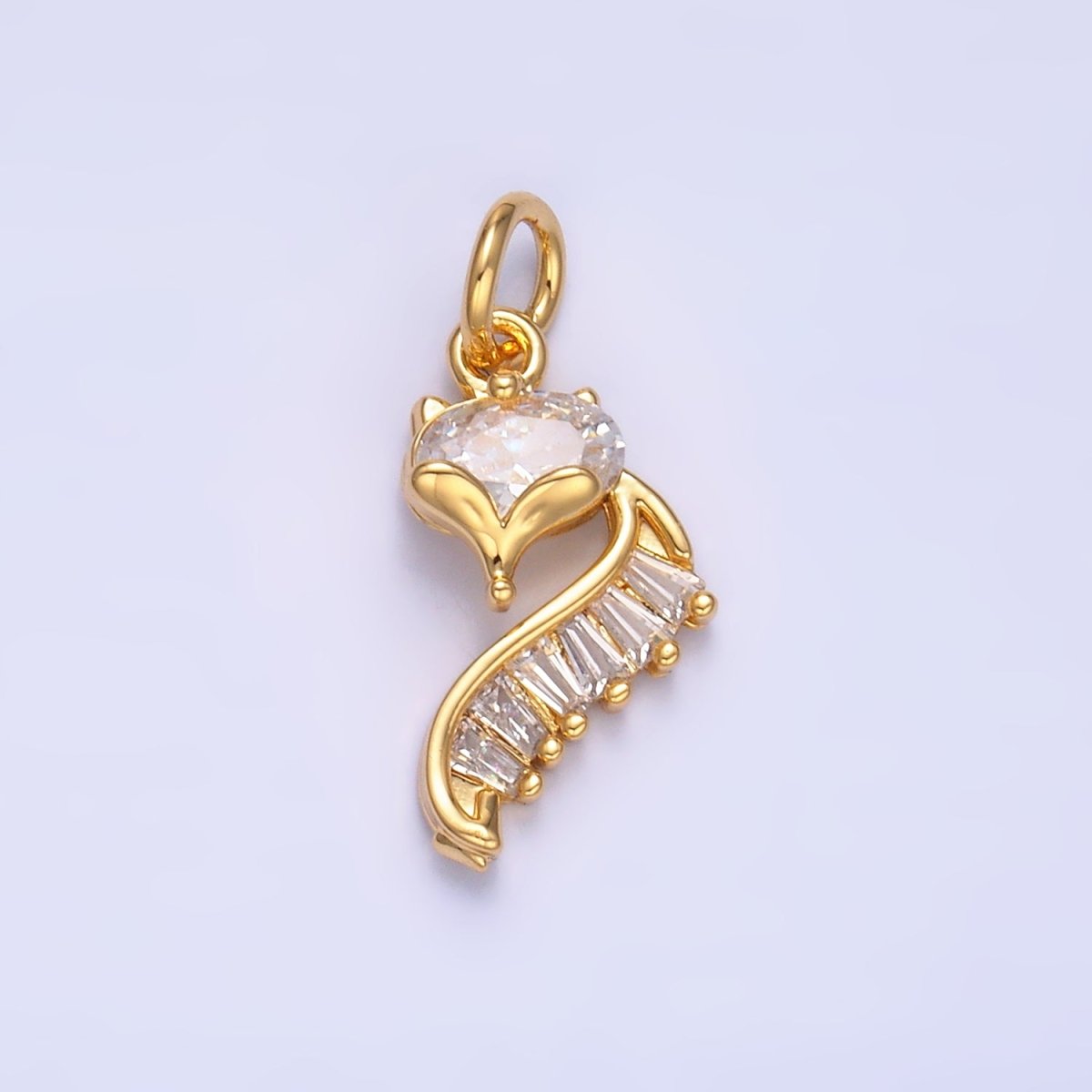 24K Gold Filled Fox Cat Baguette CZ Curve Silhouette Charm in Gold & Silver | W447 - DLUXCA