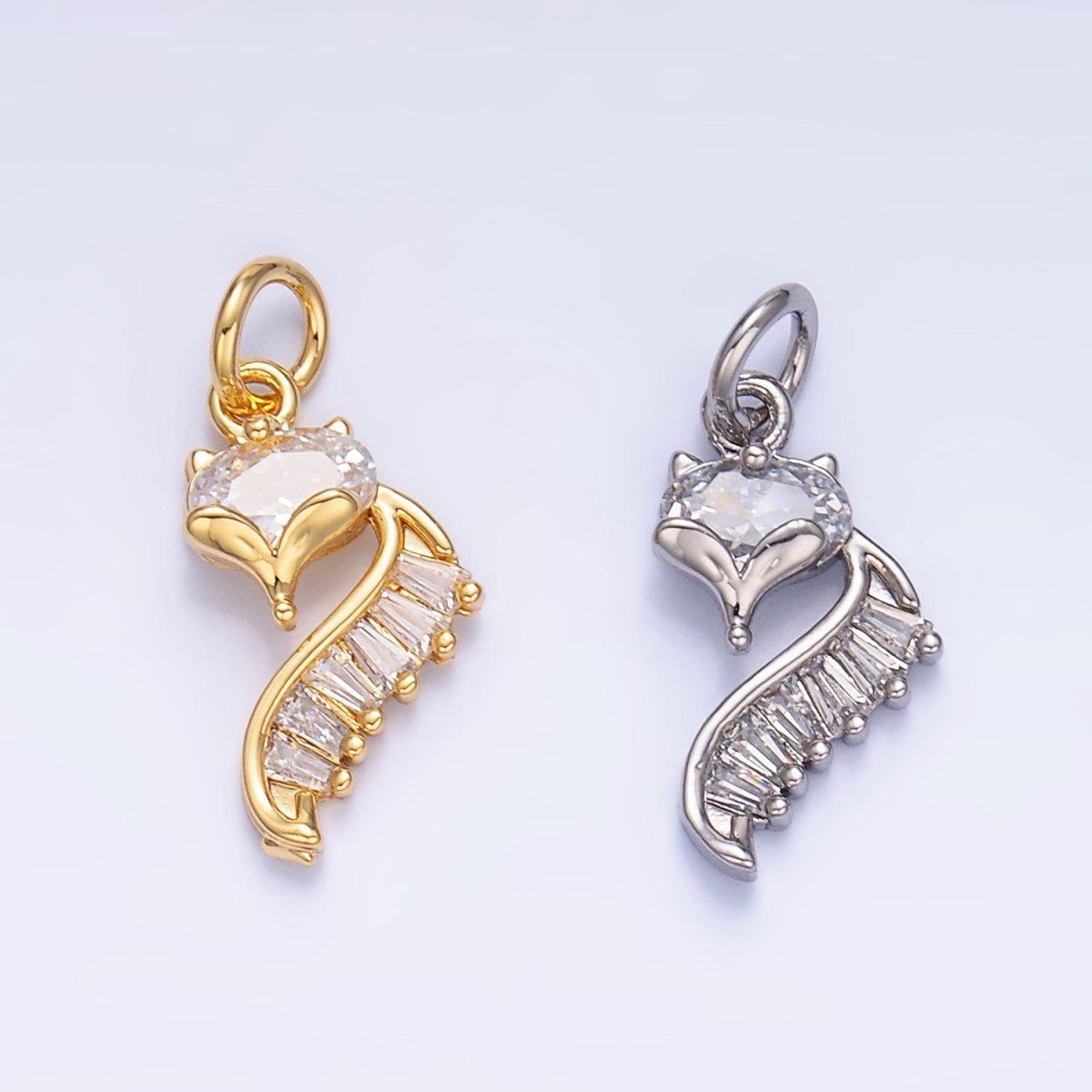 24K Gold Filled Fox Cat Baguette CZ Curve Silhouette Charm in Gold & Silver | W447 - DLUXCA