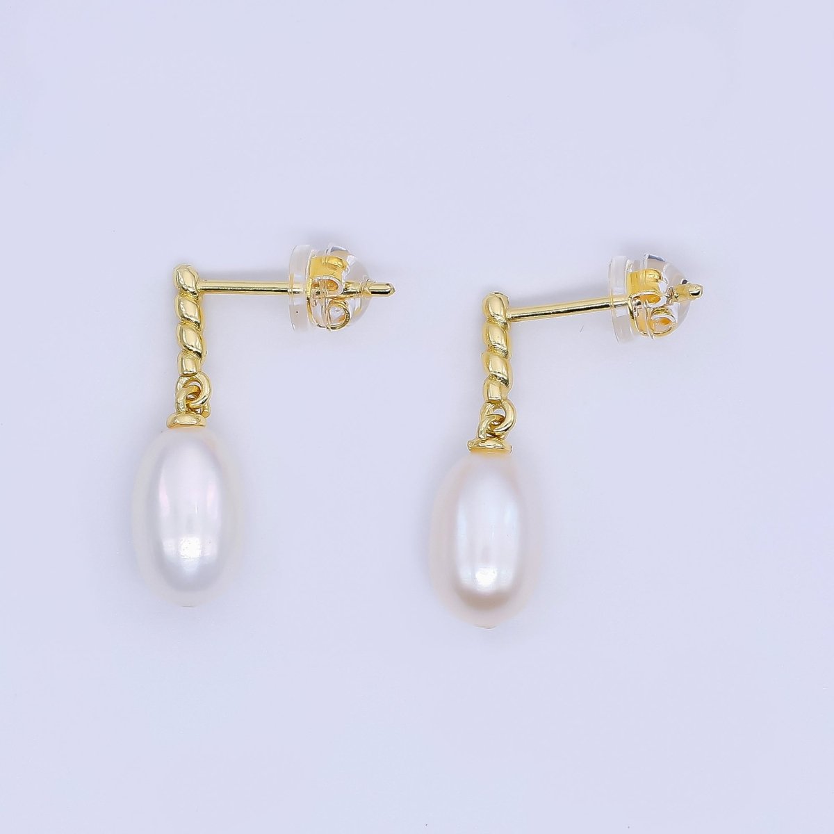 24K Gold Filled Freshwater Pearl Oval Twirly Drop Stud Earrings | Q - 436 - DLUXCA