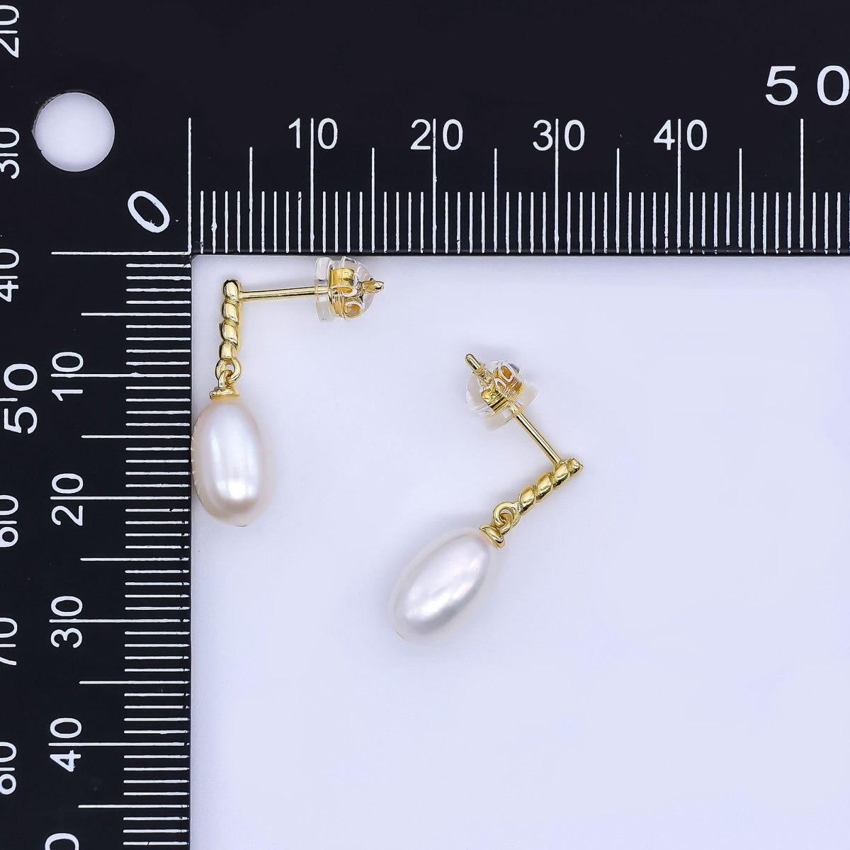 24K Gold Filled Freshwater Pearl Oval Twirly Drop Stud Earrings | Q - 436 - DLUXCA