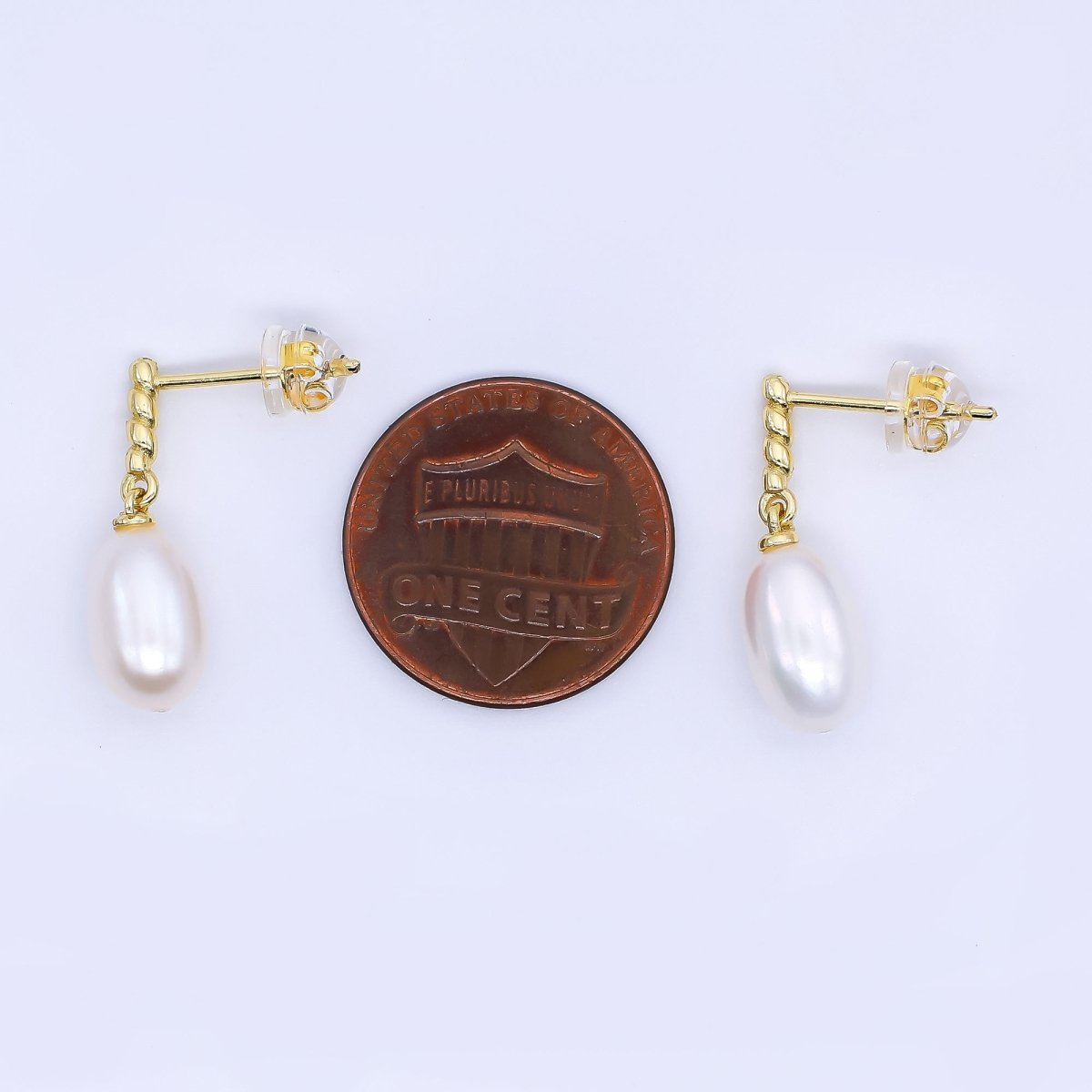 24K Gold Filled Freshwater Pearl Oval Twirly Drop Stud Earrings | Q - 436 - DLUXCA