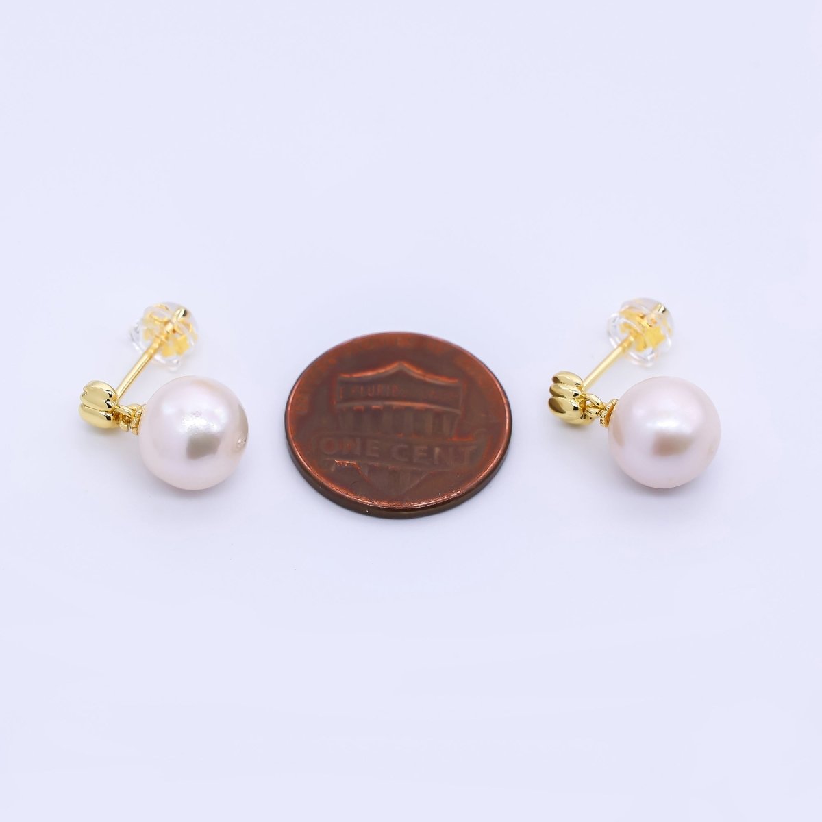 24K Gold Filled Freshwater Pearl Round Dainty Half - Circle Marquise Shaped Stud Earrings | Q - 433 - DLUXCA
