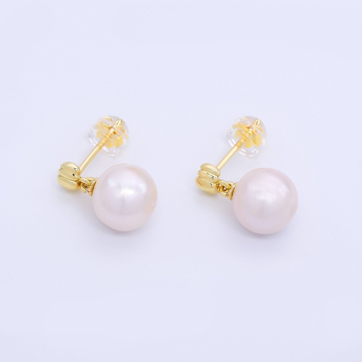 24K Gold Filled Freshwater Pearl Round Dainty Half - Circle Marquise Shaped Stud Earrings | Q - 433 - DLUXCA