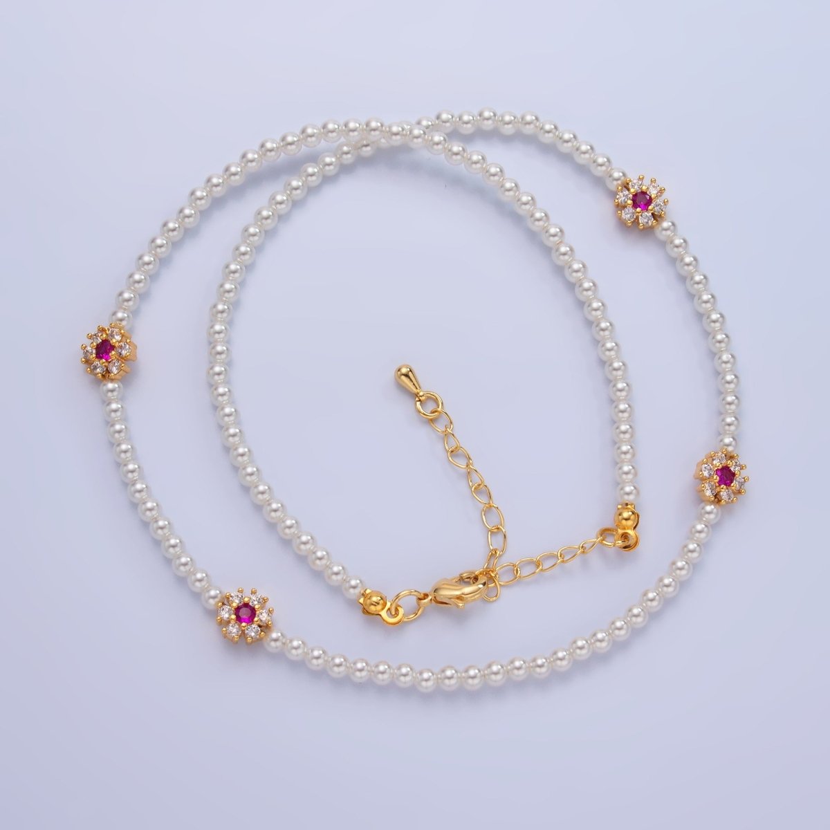 24K Gold Filled Fuchsia, Clear, Green CZ Flower Shell Pearl 17 Inch Necklace | WA - 3069 WA - 3070 - DLUXCA