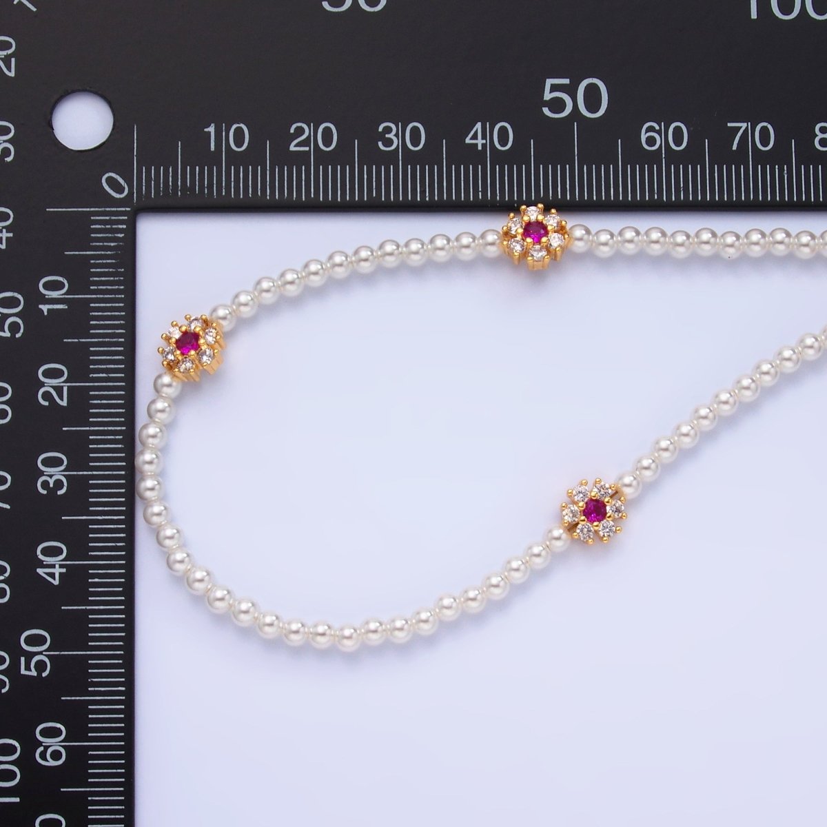 24K Gold Filled Fuchsia, Clear, Green CZ Flower Shell Pearl 17 Inch Necklace | WA - 3069 WA - 3070 - DLUXCA