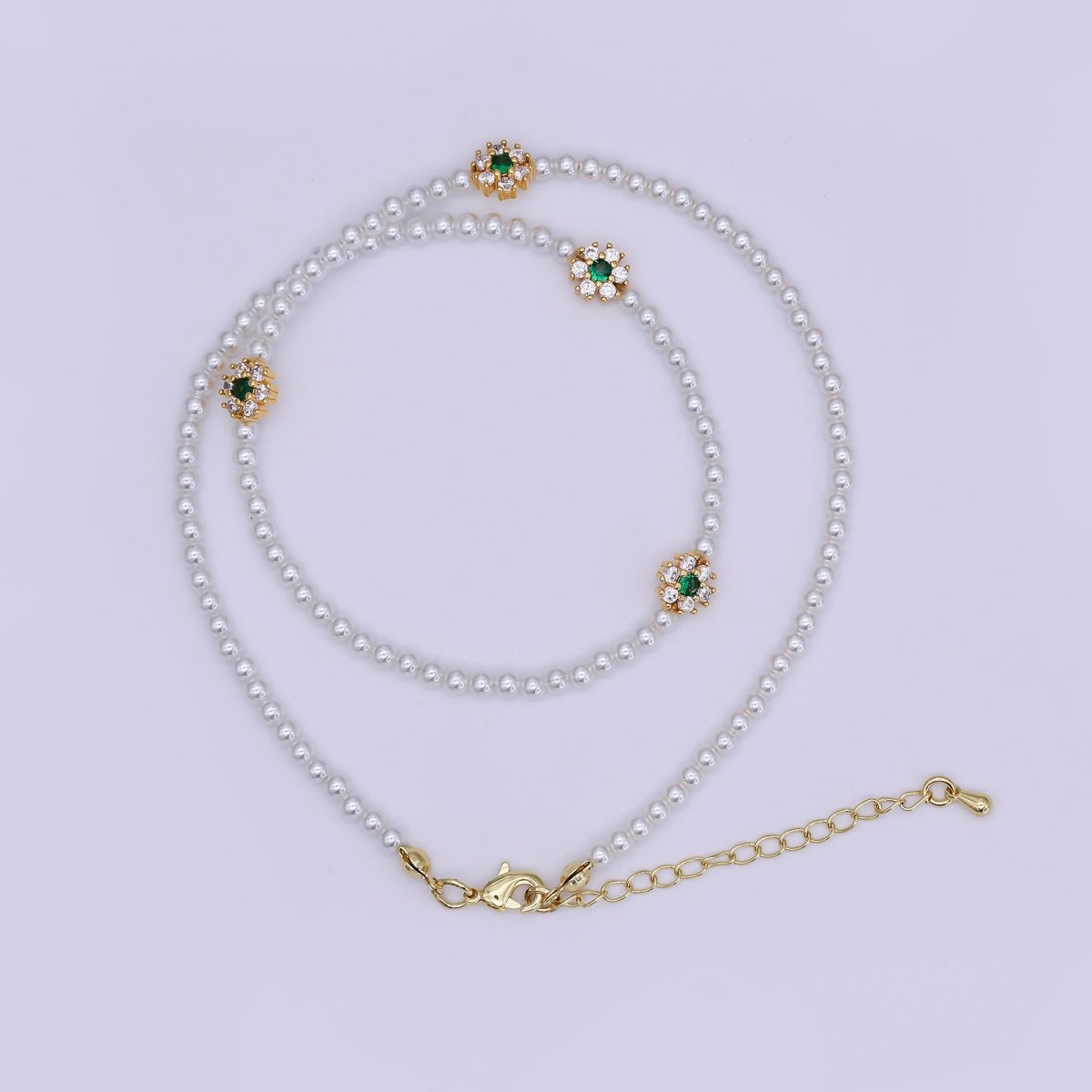 24K Gold Filled Fuchsia, Clear, Green CZ Flower Shell Pearl 17 Inch Necklace | WA - 3069 ~ WA - 3071 - DLUXCA