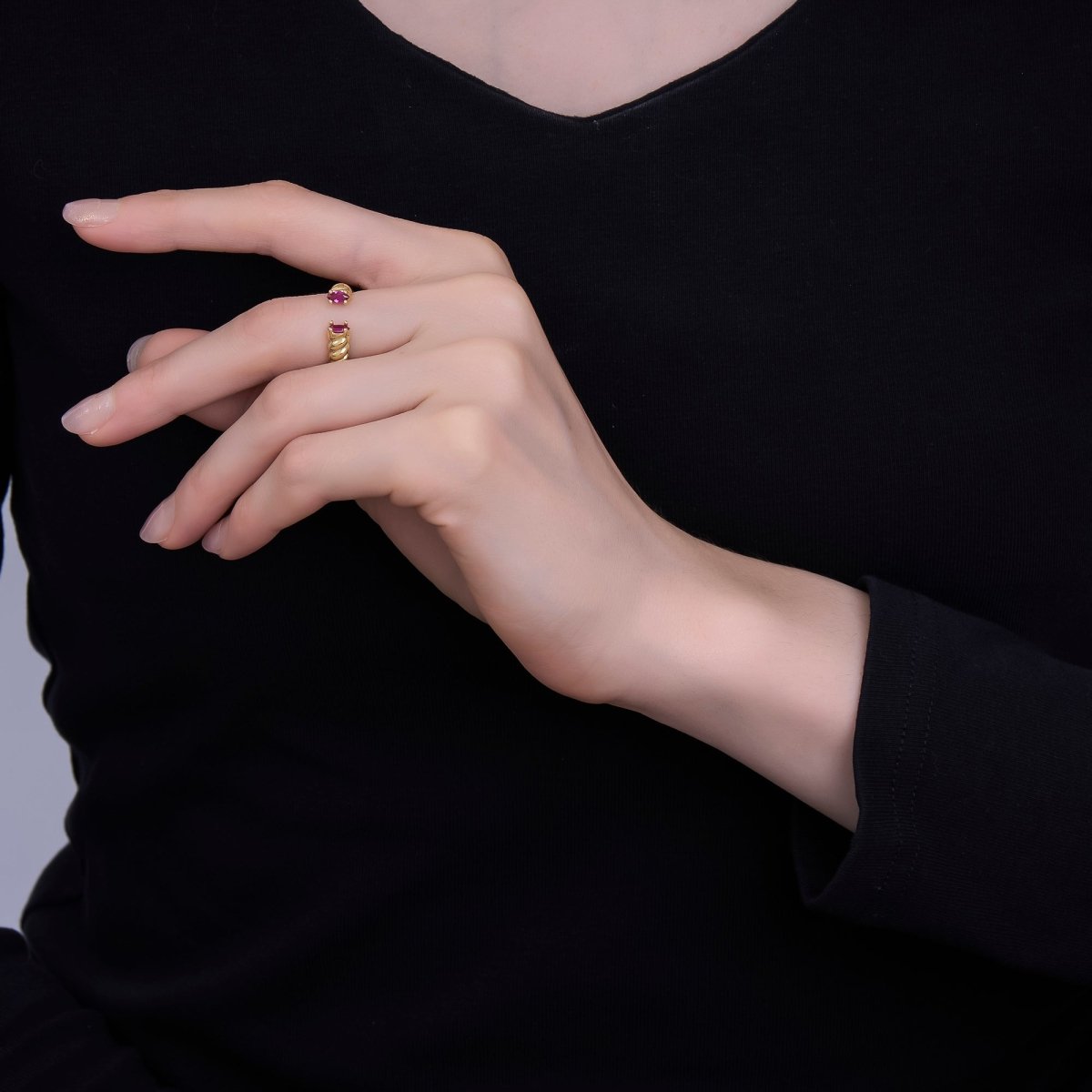 24K Gold Filled Fuchsia CZ Croissant Wrap Ring | O1072 - DLUXCA