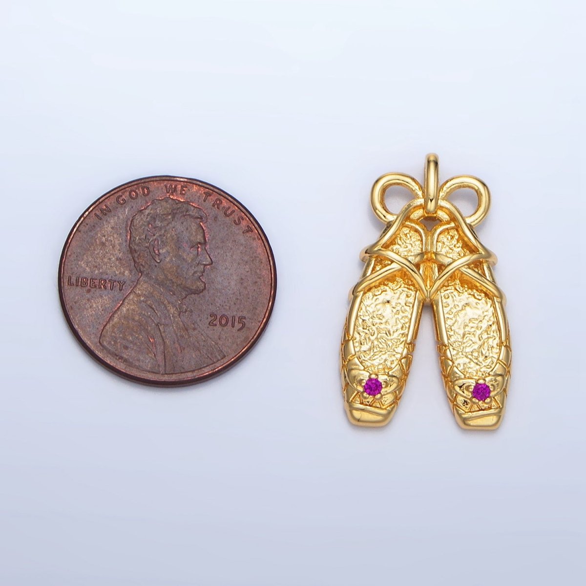 24K Gold Filled Fuchsia CZ Hammered Ribbon Ballet Dancing Shoes Pendant in Gold & Silver | AA118 - DLUXCA