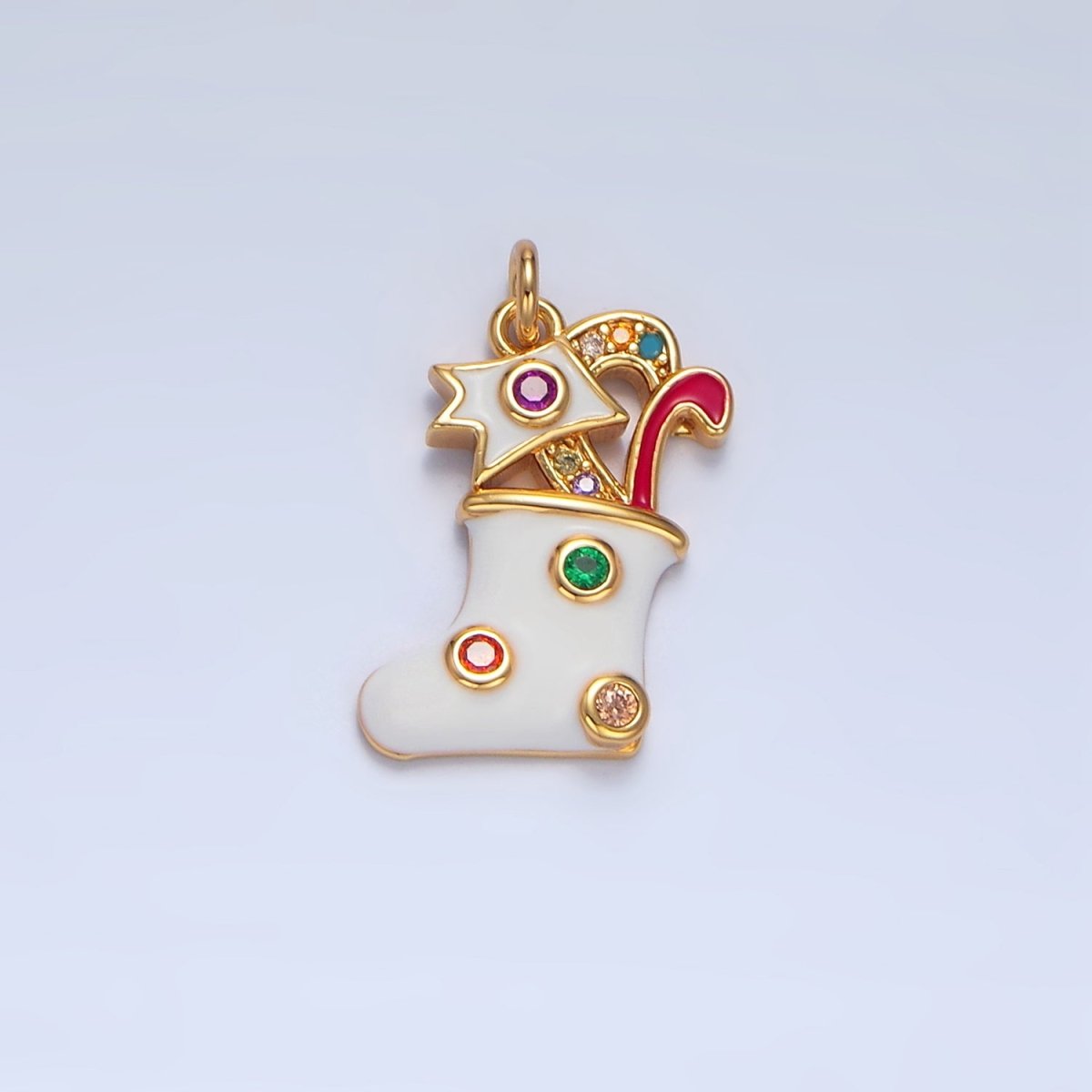 24K Gold Filled Fuchsia, Green CZ Dotted White Enamel Christmas Stocking Sock Charm | X622 - DLUXCA