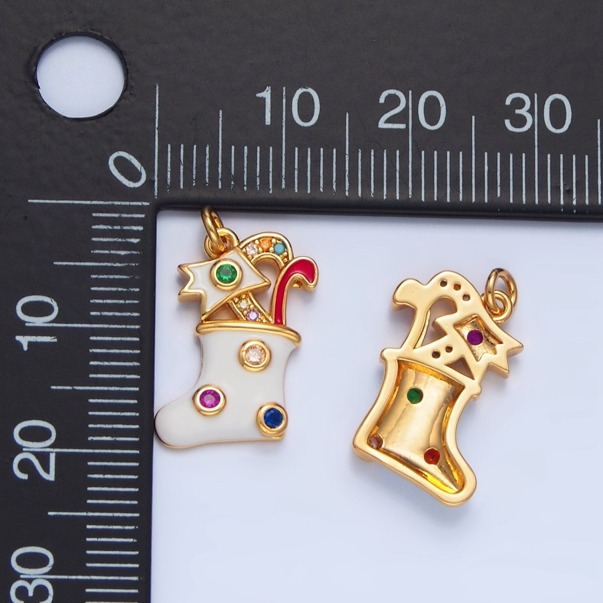 24K Gold Filled Fuchsia, Green CZ Dotted White Enamel Christmas Stocking Sock Charm | X622 - DLUXCA