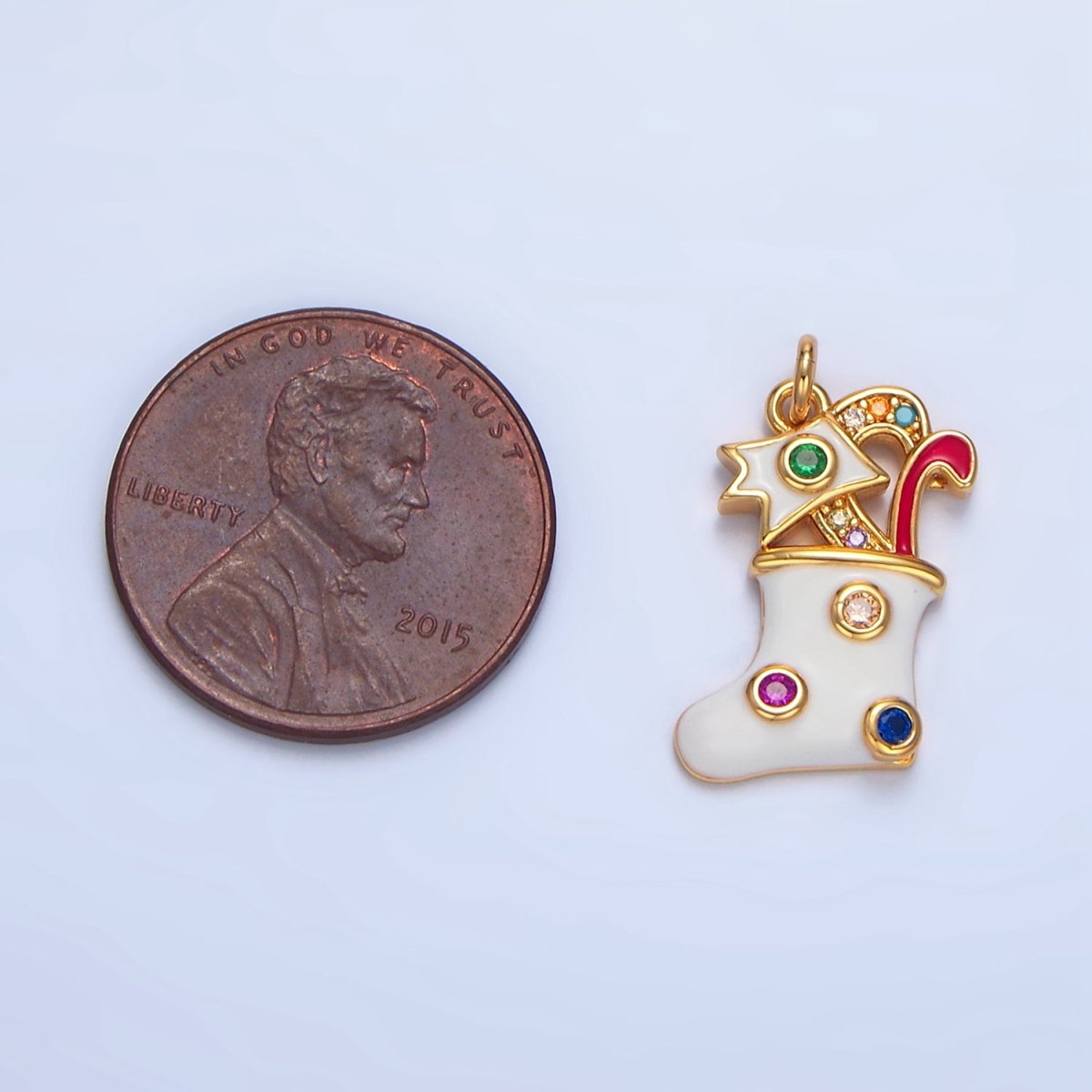 24K Gold Filled Fuchsia, Green CZ Dotted White Enamel Christmas Stocking Sock Charm | X622 - DLUXCA