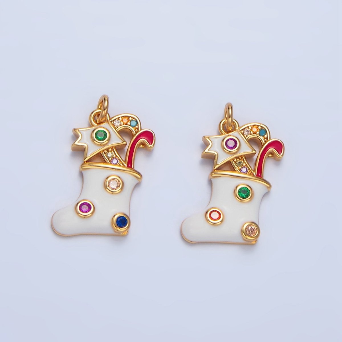 24K Gold Filled Fuchsia, Green CZ Dotted White Enamel Christmas Stocking Sock Charm | X622 - DLUXCA