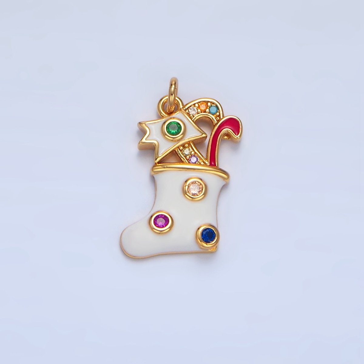24K Gold Filled Fuchsia, Green CZ Dotted White Enamel Christmas Stocking Sock Charm | X622 - DLUXCA