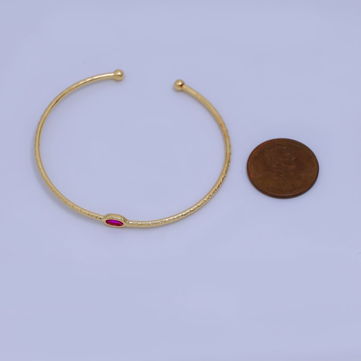 24K Gold Filled Fuchsia Oval CZ Solitaire Thin Line Textured Cuff Bracelet | WA - 03321 - DLUXCA