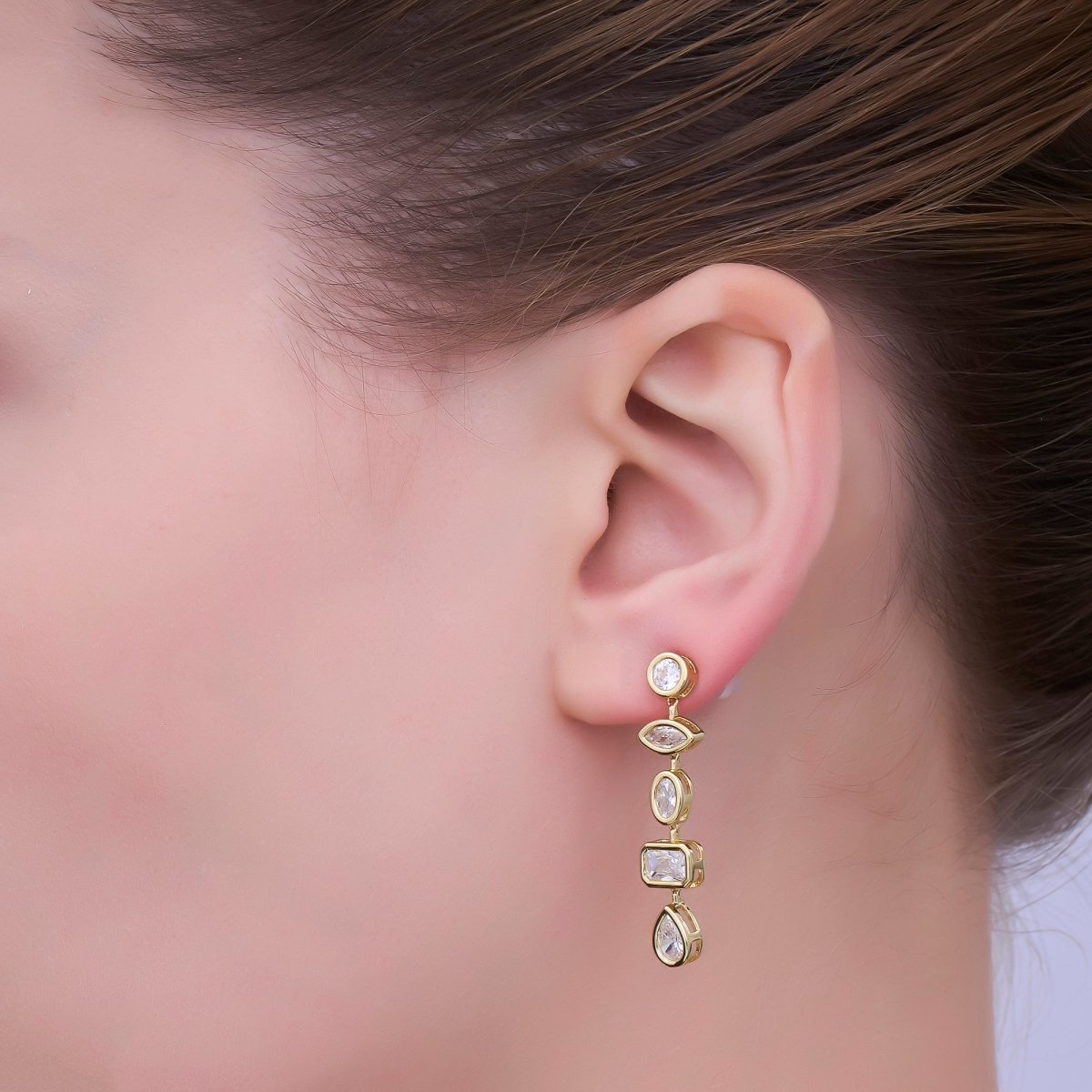 24K Gold Filled Geometric CZ Bezel Drop Stud Earrings in Gold & Silver | AB678 AB679 - DLUXCA