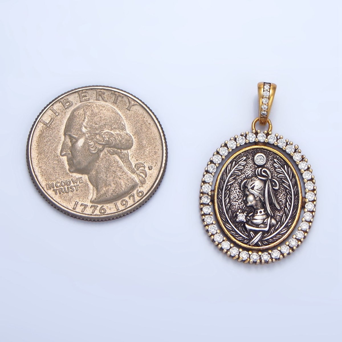 24K Gold Filled Girl Portrait Micro Paved CZ Outline Oval Pendant | AA124 - DLUXCA