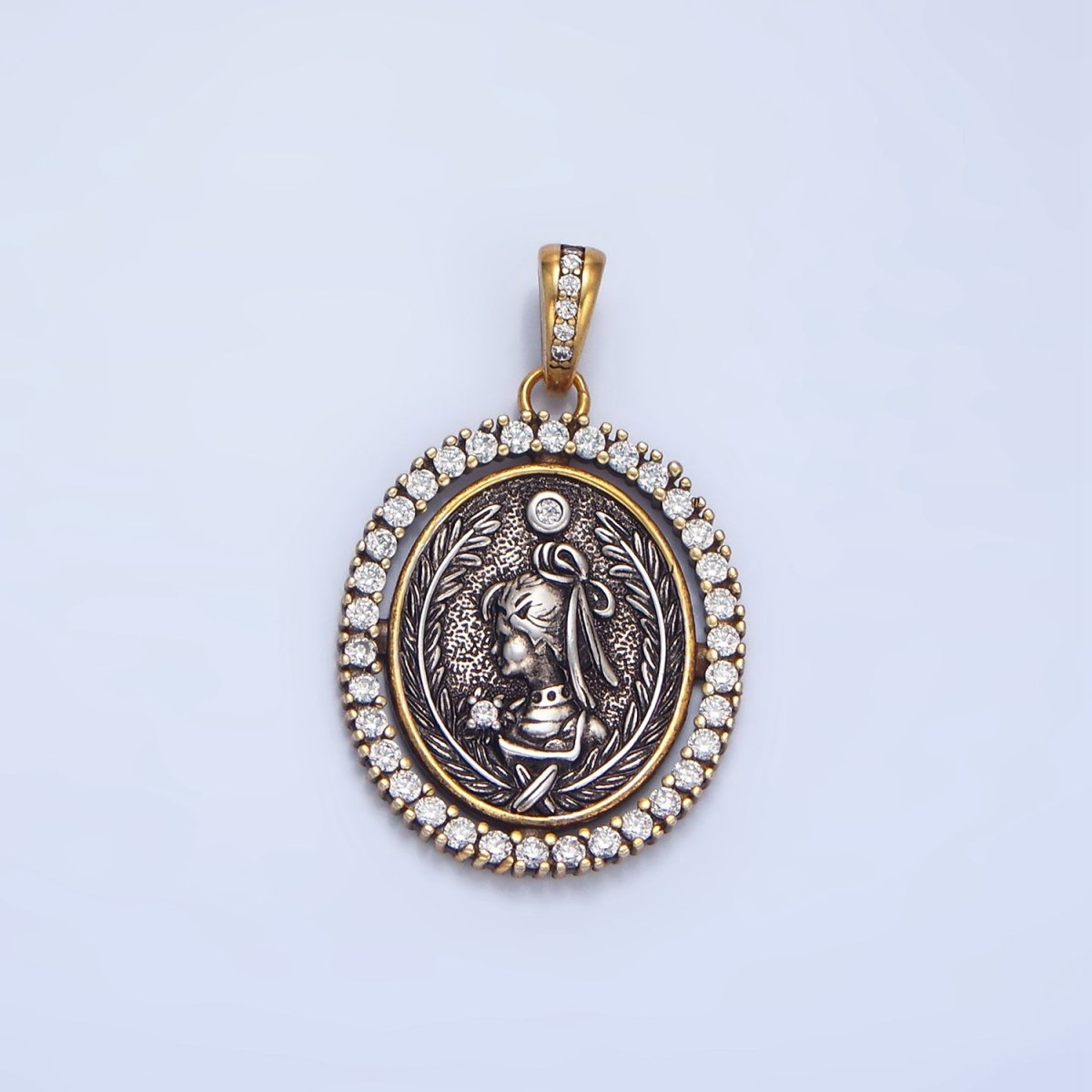24K Gold Filled Girl Portrait Micro Paved CZ Outline Oval Pendant | AA124 - DLUXCA