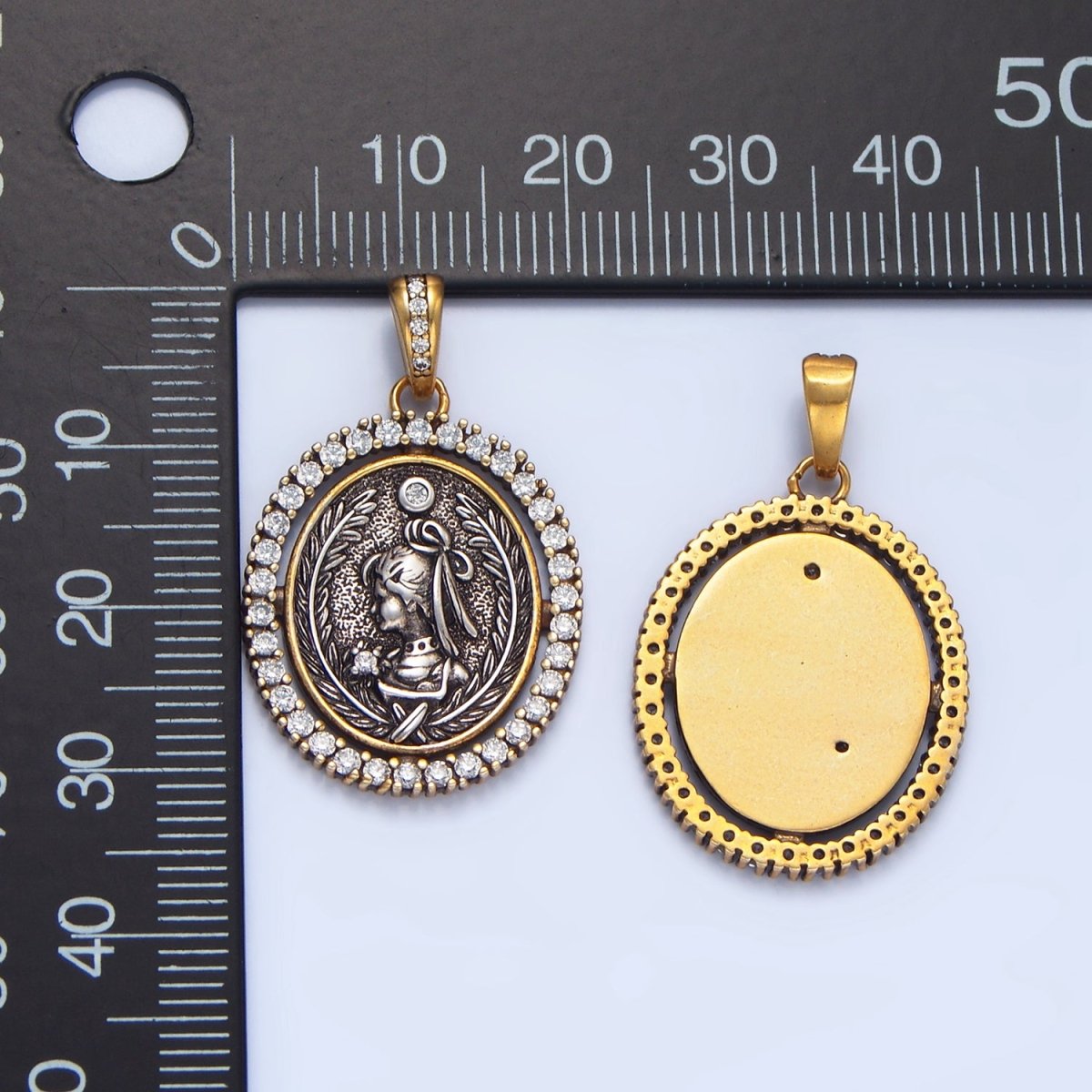 24K Gold Filled Girl Portrait Micro Paved CZ Outline Oval Pendant | AA124 - DLUXCA