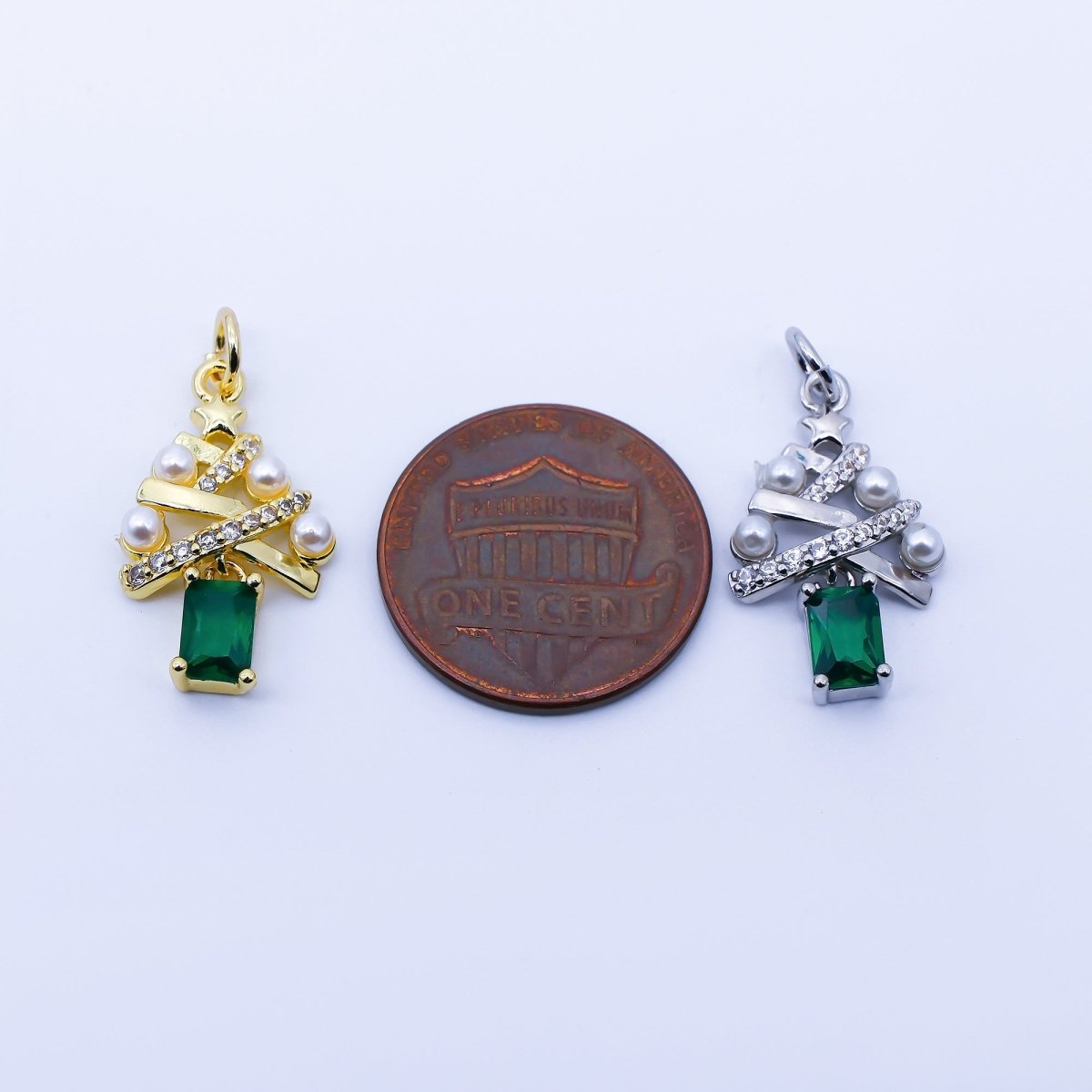 24K Gold Filled Green Baguette CZ Micro Paved Shell Pearl Christmas Tree Charm in Gold & Silver | C940 - DLUXCA