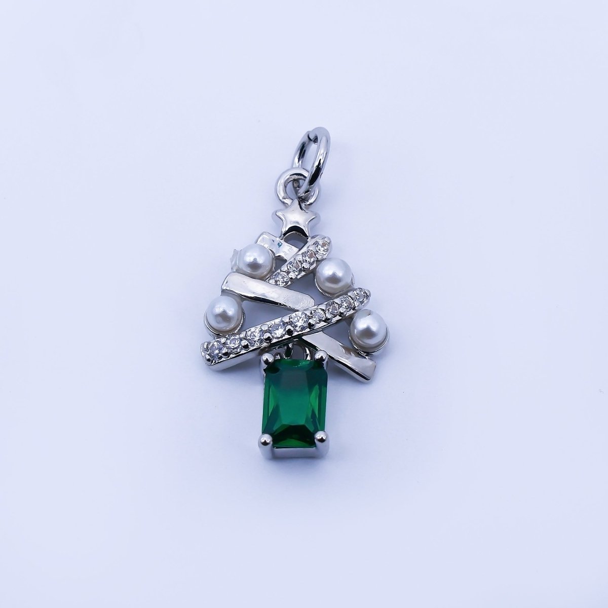 24K Gold Filled Green Baguette CZ Micro Paved Shell Pearl Christmas Tree Charm in Gold & Silver | C940 - DLUXCA