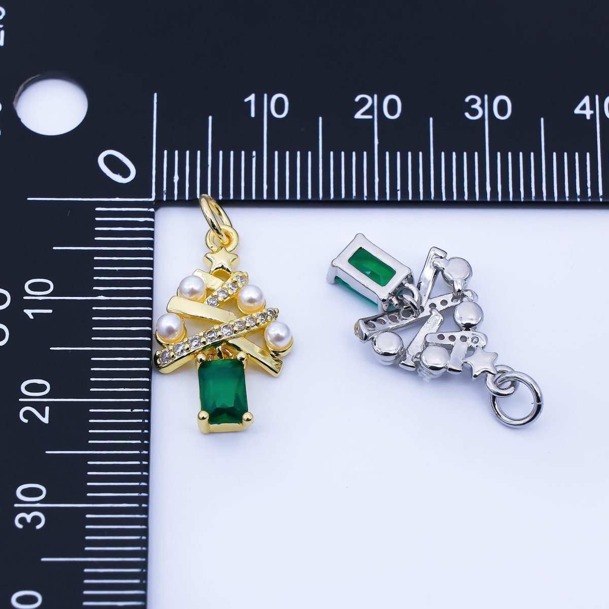24K Gold Filled Green Baguette CZ Micro Paved Shell Pearl Christmas Tree Charm in Gold & Silver | C940 - DLUXCA