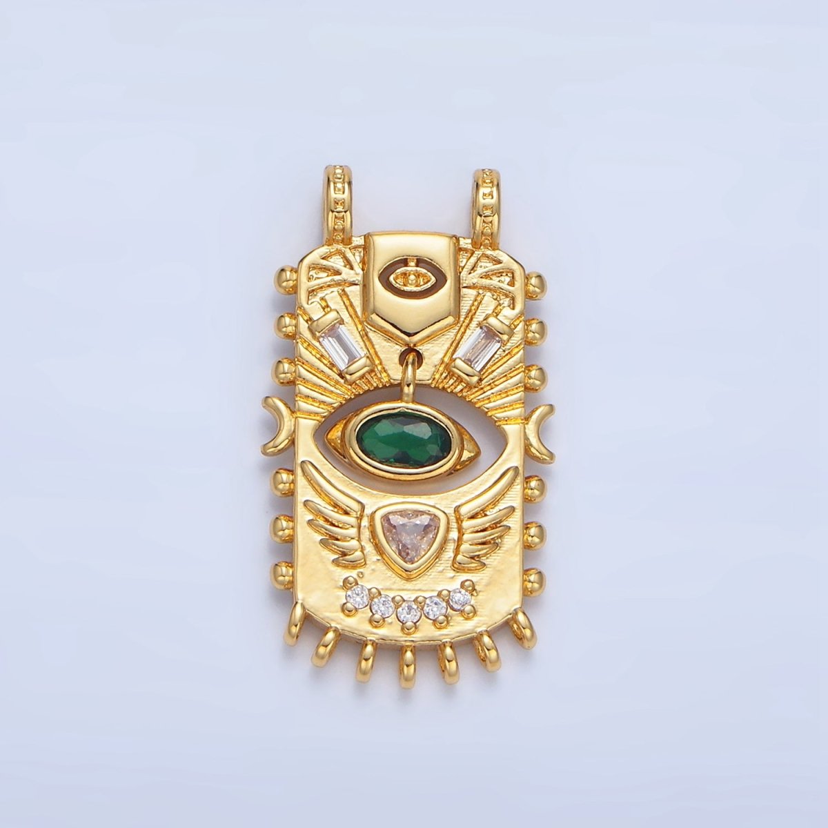 24K Gold Filled Green CZ Baguette Geometric Evil Eye Dotted Outline Tag Connector | F481 - DLUXCA