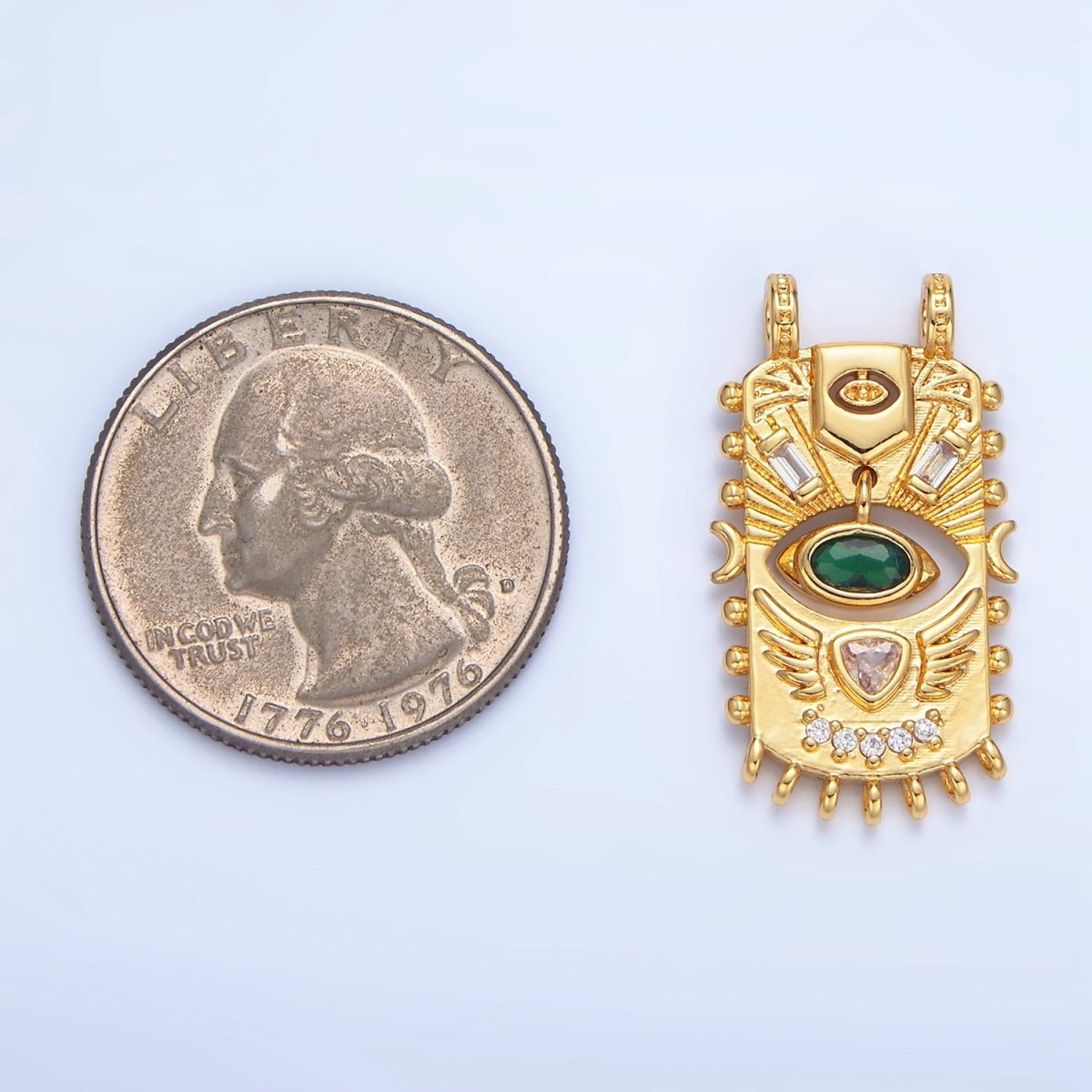 24K Gold Filled Green CZ Baguette Geometric Evil Eye Dotted Outline Tag Connector | F481 - DLUXCA