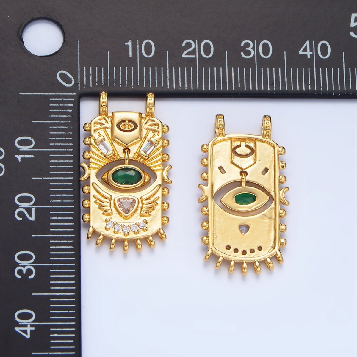 24K Gold Filled Green CZ Baguette Geometric Evil Eye Dotted Outline Tag Connector | F481 - DLUXCA
