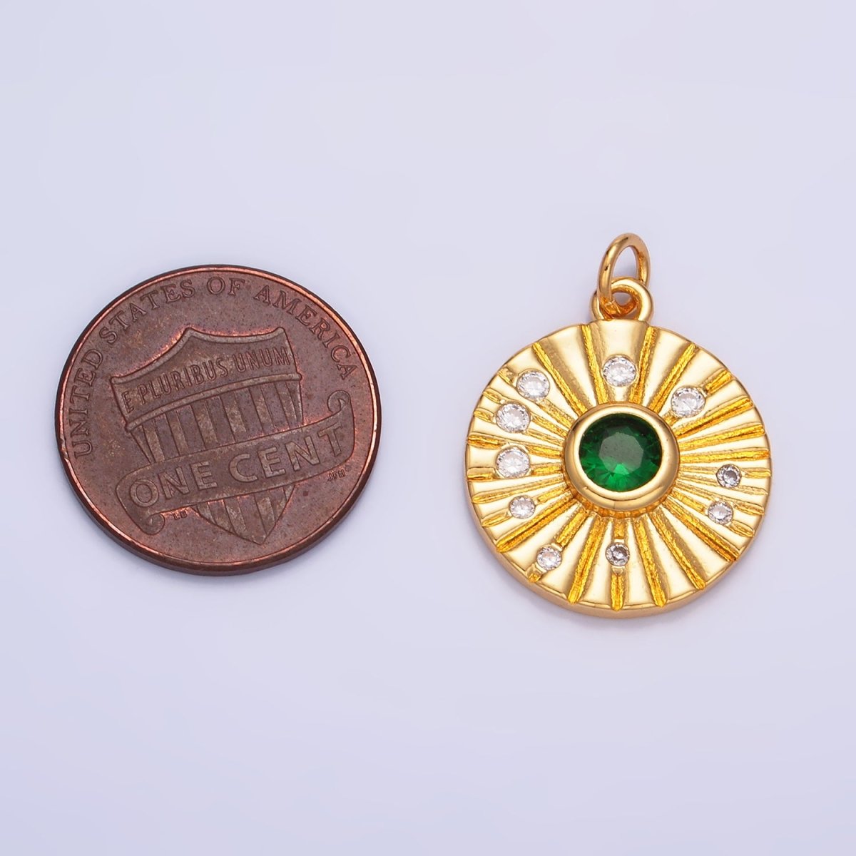 24K Gold Filled Green CZ Dotted Ribbed Round Geometric Charm | W274 - DLUXCA
