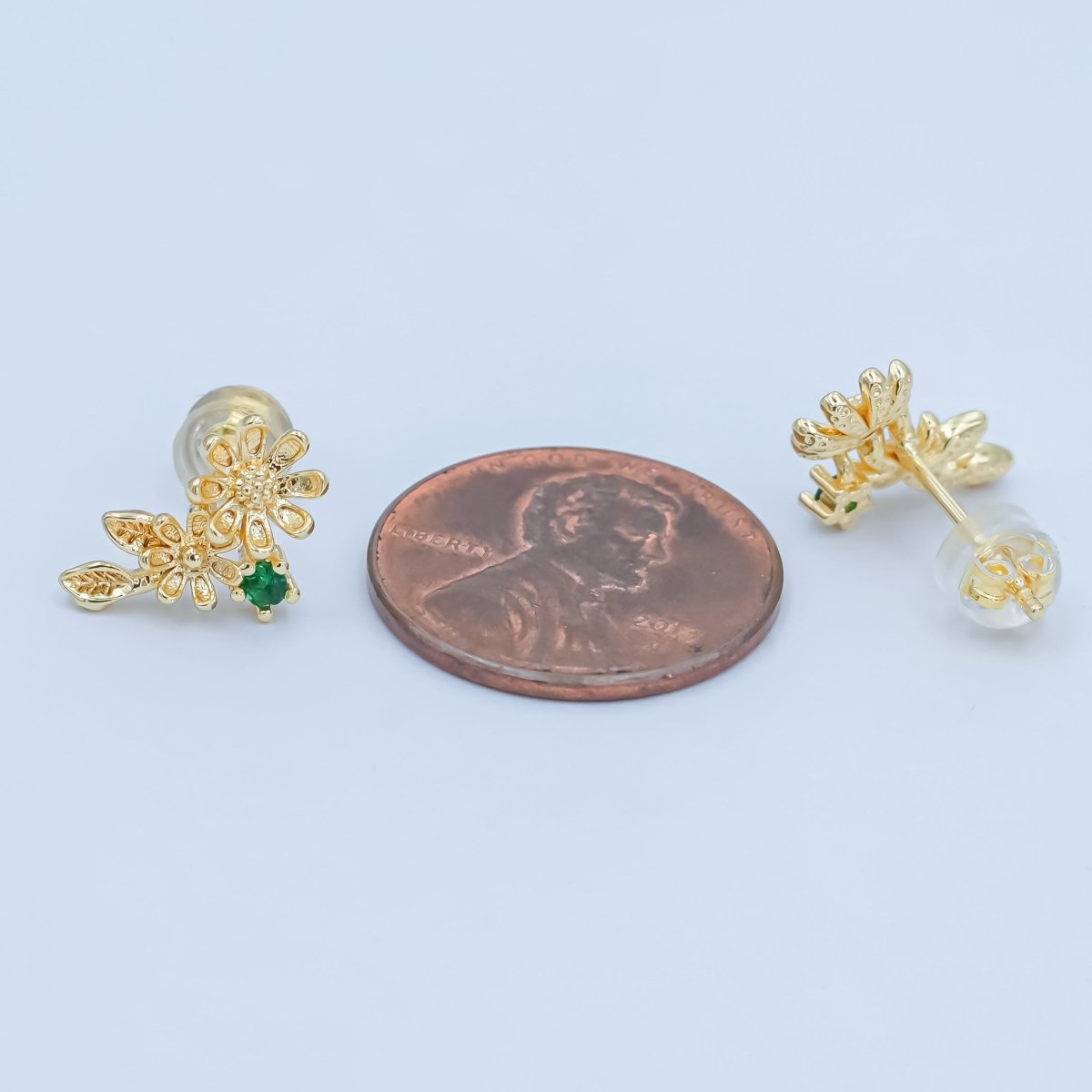24K Gold Filled Green CZ Flower Leaf Stud Earrings | AI434 - DLUXCA