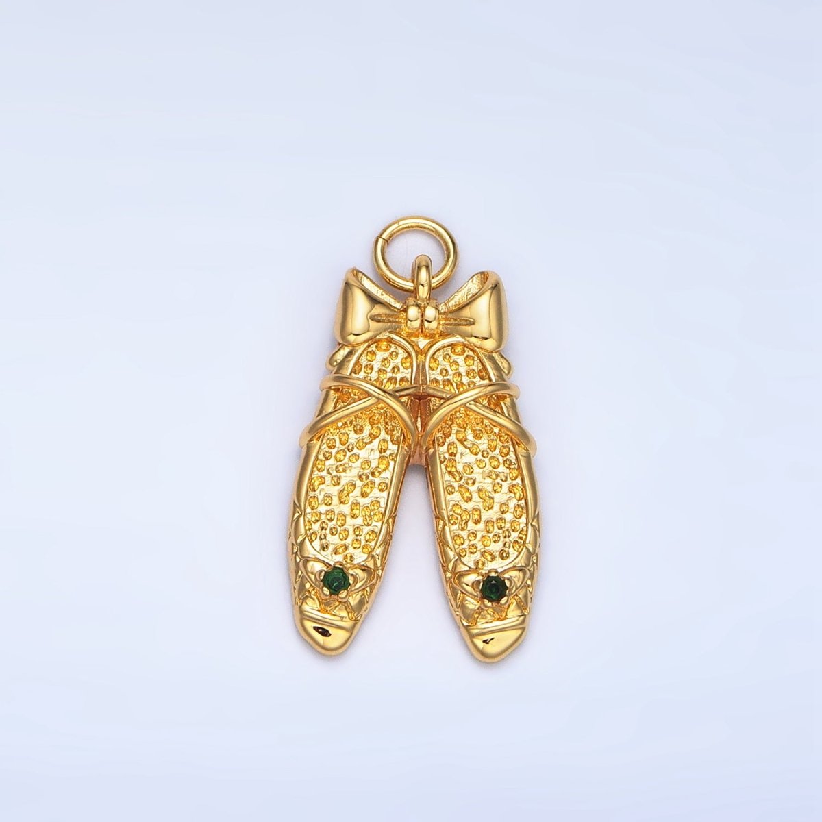 24K Gold Filled Green CZ Hammered Ribbon Ballet Dancing Shoes Charm in Gold & Silver | E339 - DLUXCA