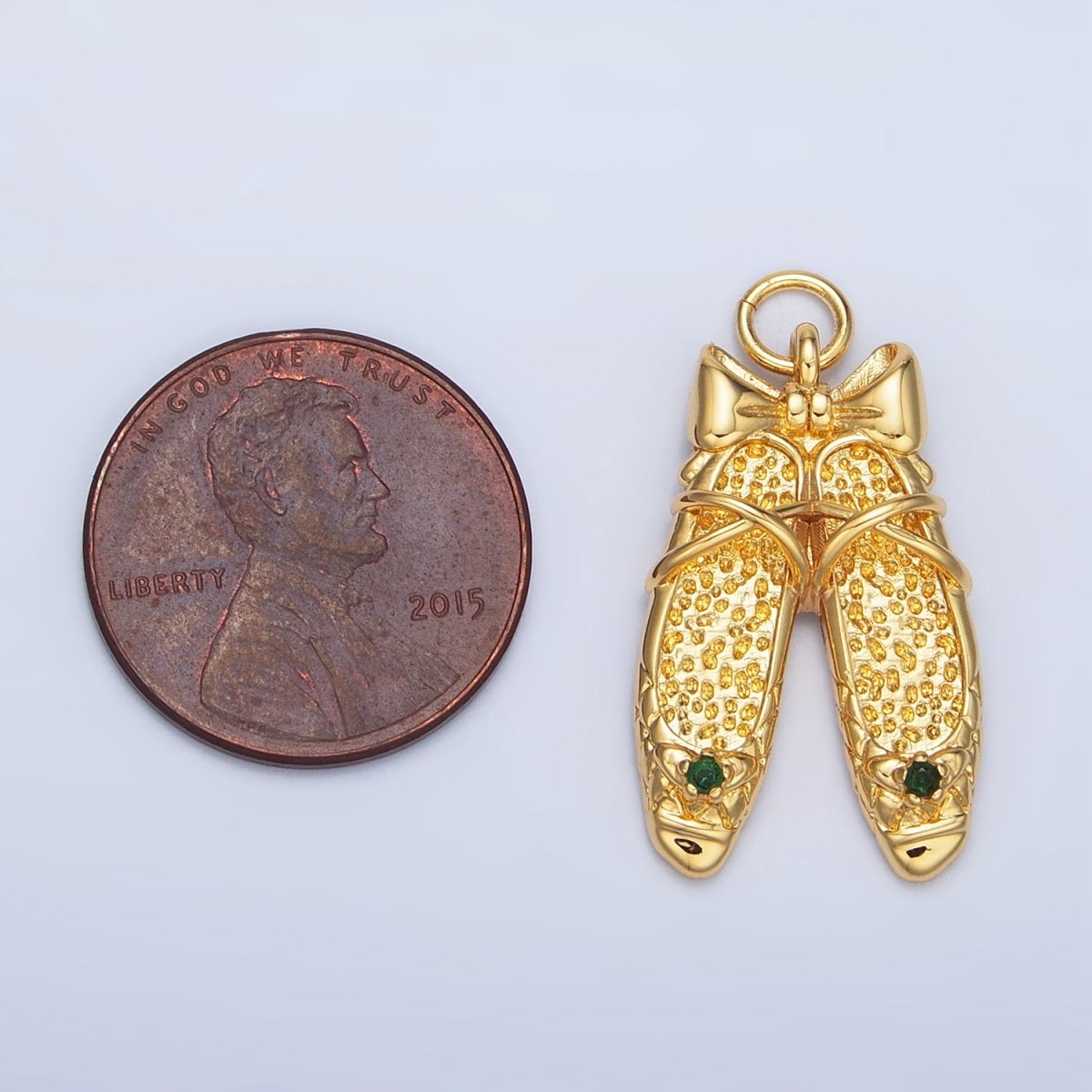 24K Gold Filled Green CZ Hammered Ribbon Ballet Dancing Shoes Charm in Gold & Silver | E339 - DLUXCA