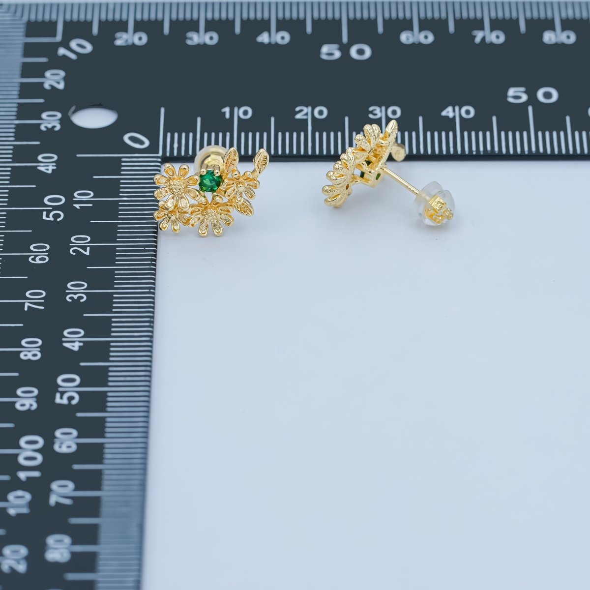 24K Gold Filled Green CZ Multiple Flower Leaf Stud Earrings | AI430 - DLUXCA