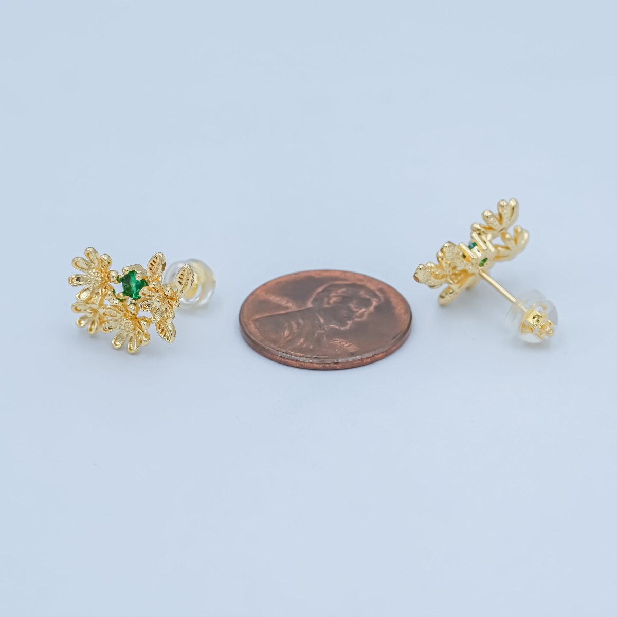 24K Gold Filled Green CZ Multiple Flower Leaf Stud Earrings | AI430 - DLUXCA