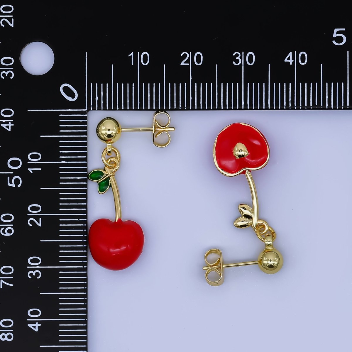 24K Gold Filled Green Enamel Red Cherry Pop Fruit Drop Stud Earrings | AI - 466 - DLUXCA