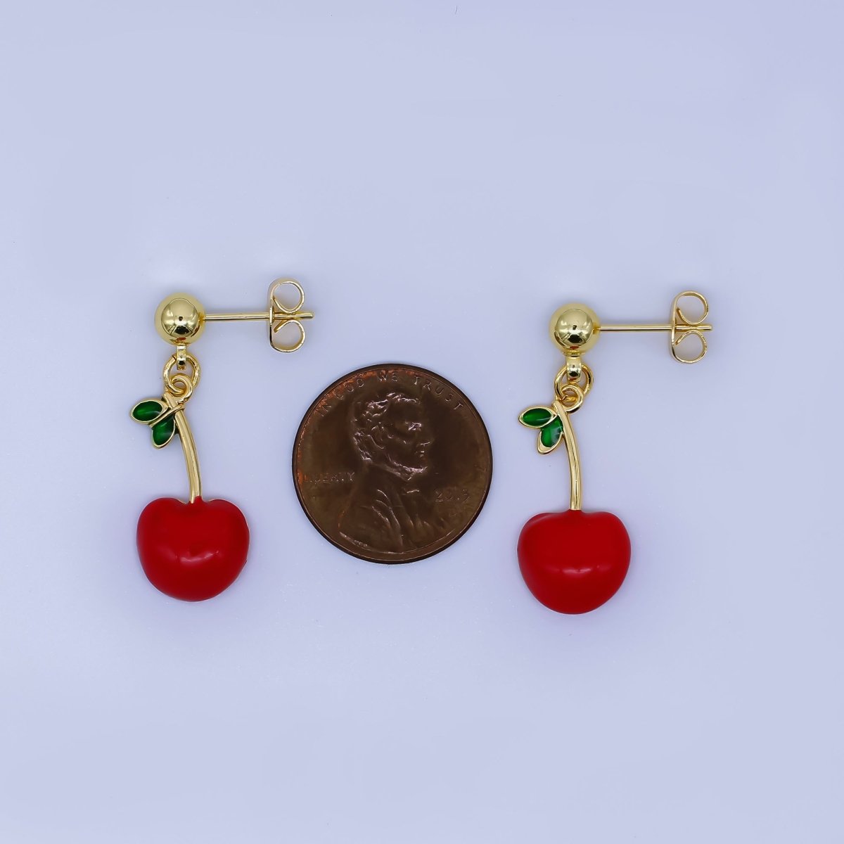 24K Gold Filled Green Enamel Red Cherry Pop Fruit Drop Stud Earrings | AI - 466 - DLUXCA