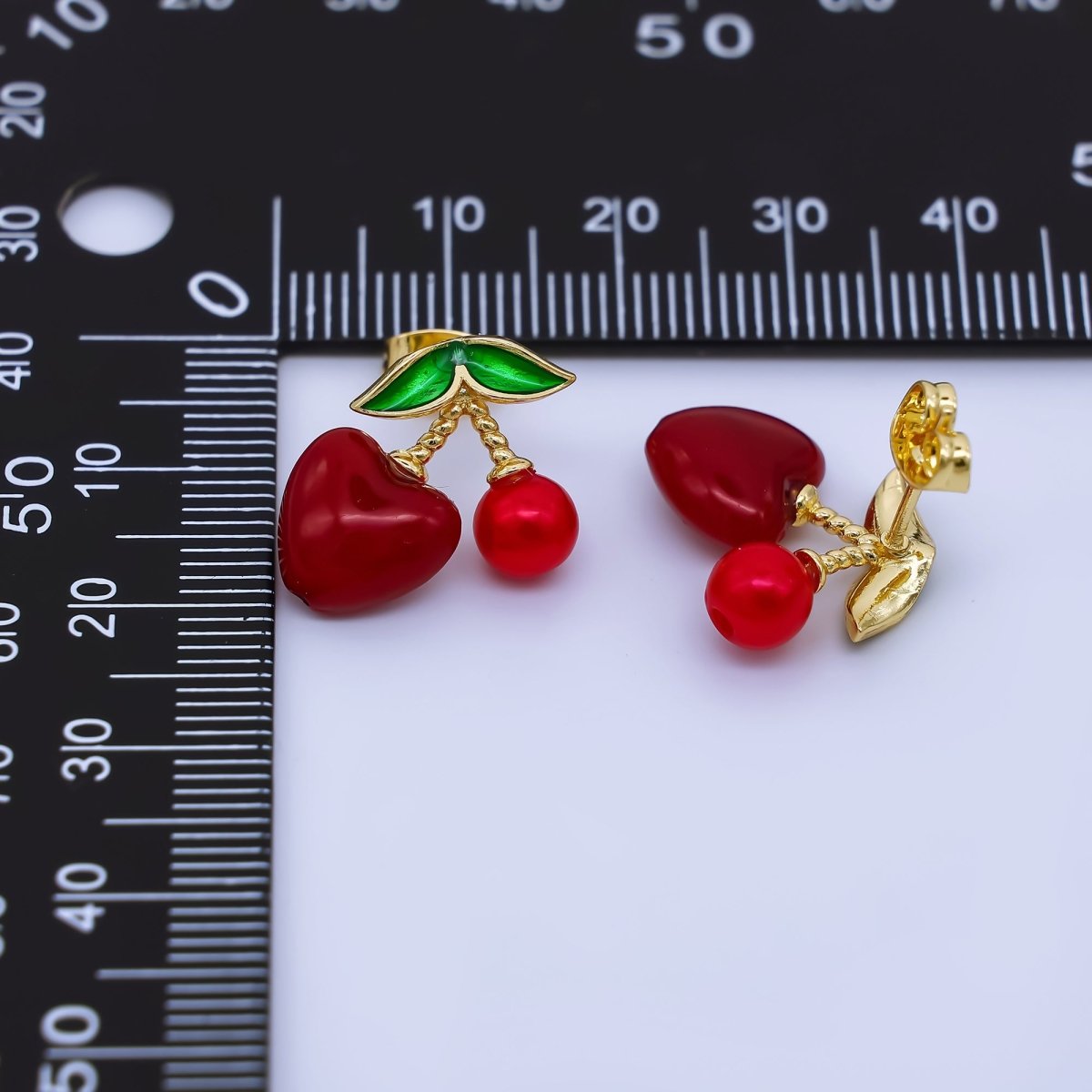 24K Gold Filled Green Enamel Red Heart Cherry Bomb Fruit Drop Stud Earrings | AI - 467 - DLUXCA