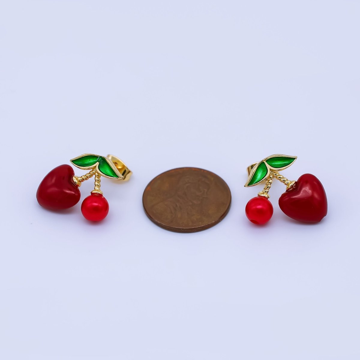 24K Gold Filled Green Enamel Red Heart Cherry Bomb Fruit Drop Stud Earrings | AI - 467 - DLUXCA