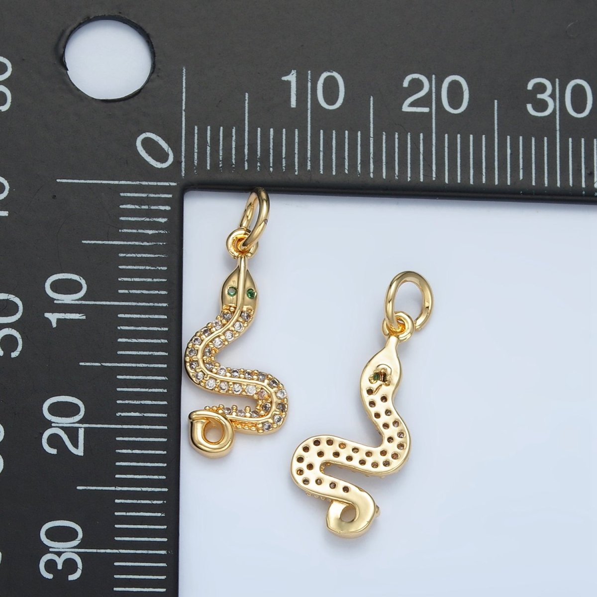 24K Gold Filled Green - Eyed Micro Paved CZ Snake Serpent Animal Charm | N1394 - DLUXCA