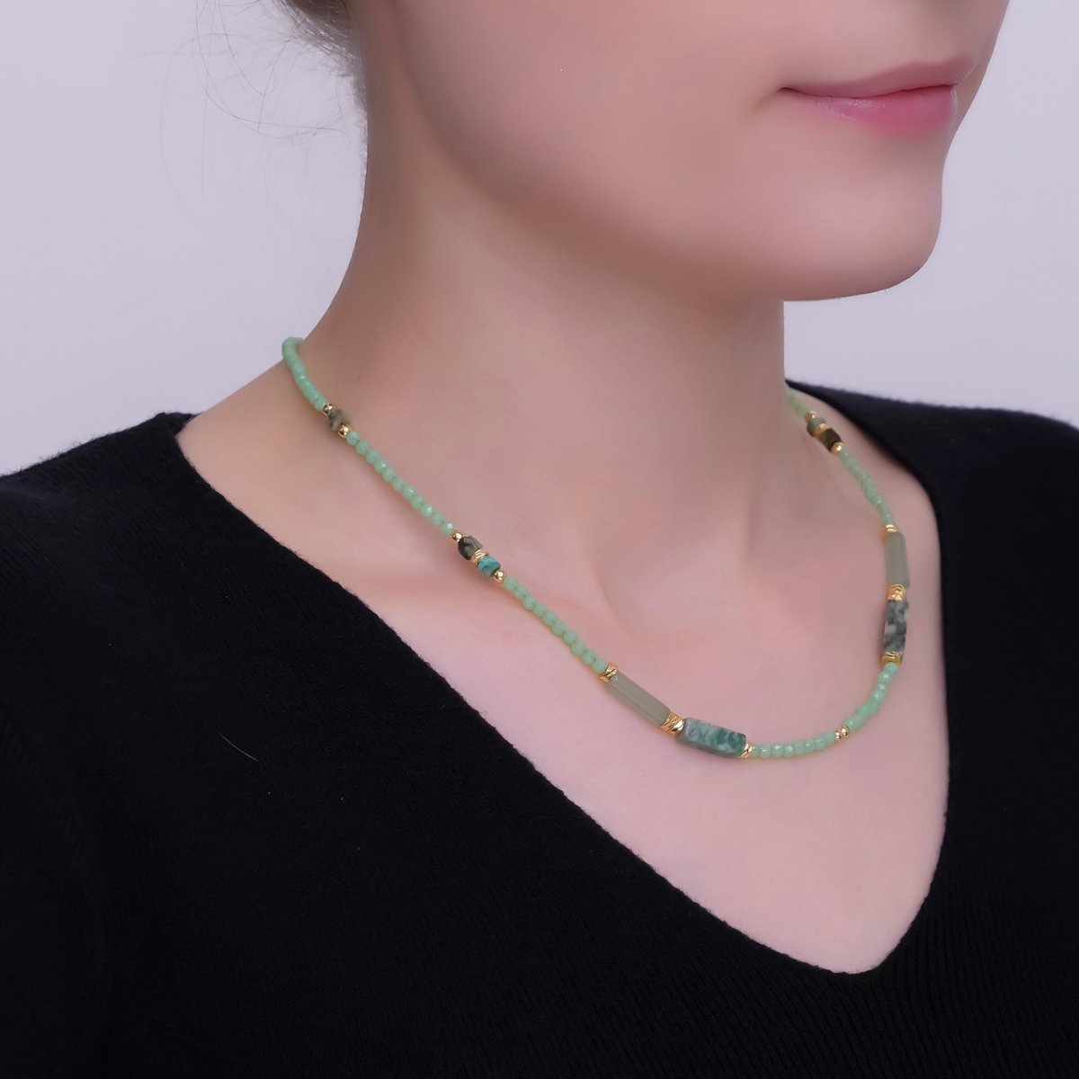 24K Gold Filled Green Malachite Gemstone Bead 17 Inch Necklace | WA - 2966 - DLUXCA