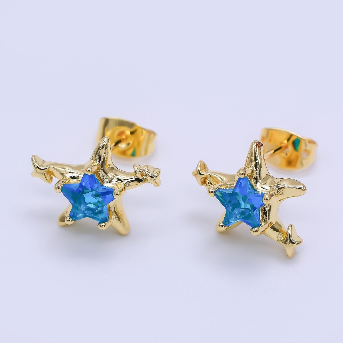 24K Gold Filled Green, Red, & Pink CZ Star - Shaped Stud Earrings | AJ - 067 - AJ - 072 - DLUXCA