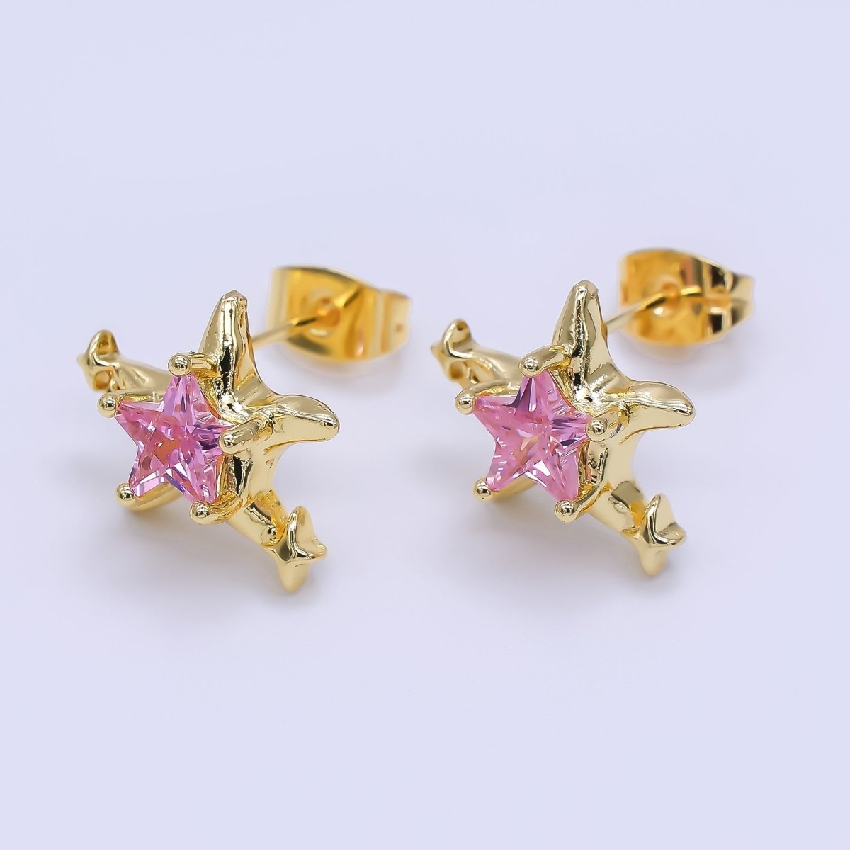 24K Gold Filled Green, Red, & Pink CZ Star - Shaped Stud Earrings | AJ - 067 - AJ - 072 - DLUXCA