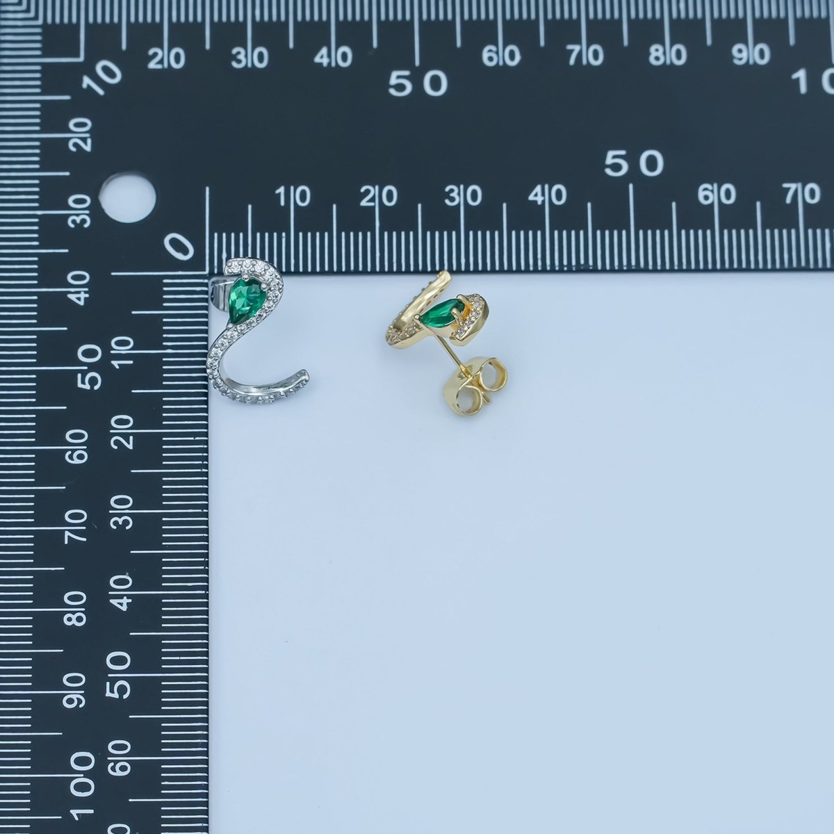 24K Gold Filled Green Teardrop Micro Paved CZ Cartilage Stud Earrings in Gold & Silver | AE863 AE864 - DLUXCA