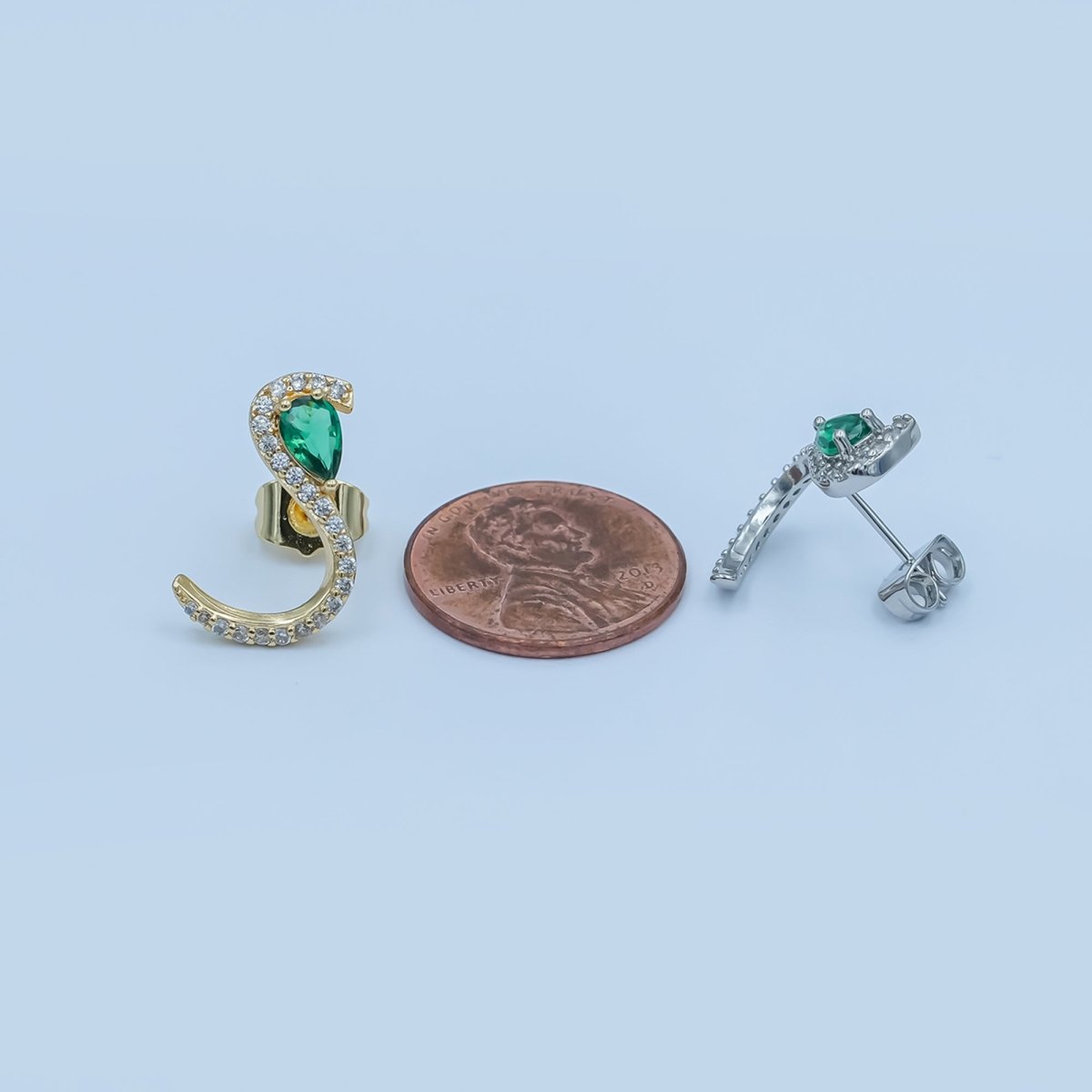 24K Gold Filled Green Teardrop Micro Paved CZ Cartilage Stud Earrings in Gold & Silver | AE863 AE864 - DLUXCA