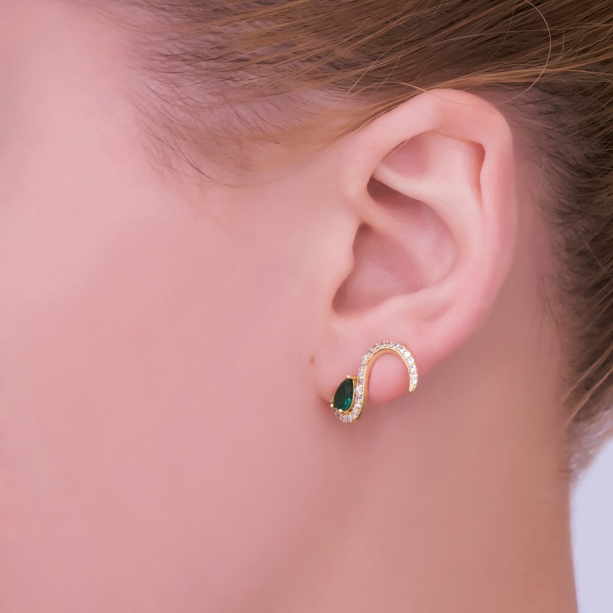 24K Gold Filled Green Teardrop Micro Paved CZ Cartilage Stud Earrings in Gold & Silver | AE863 AE864 - DLUXCA