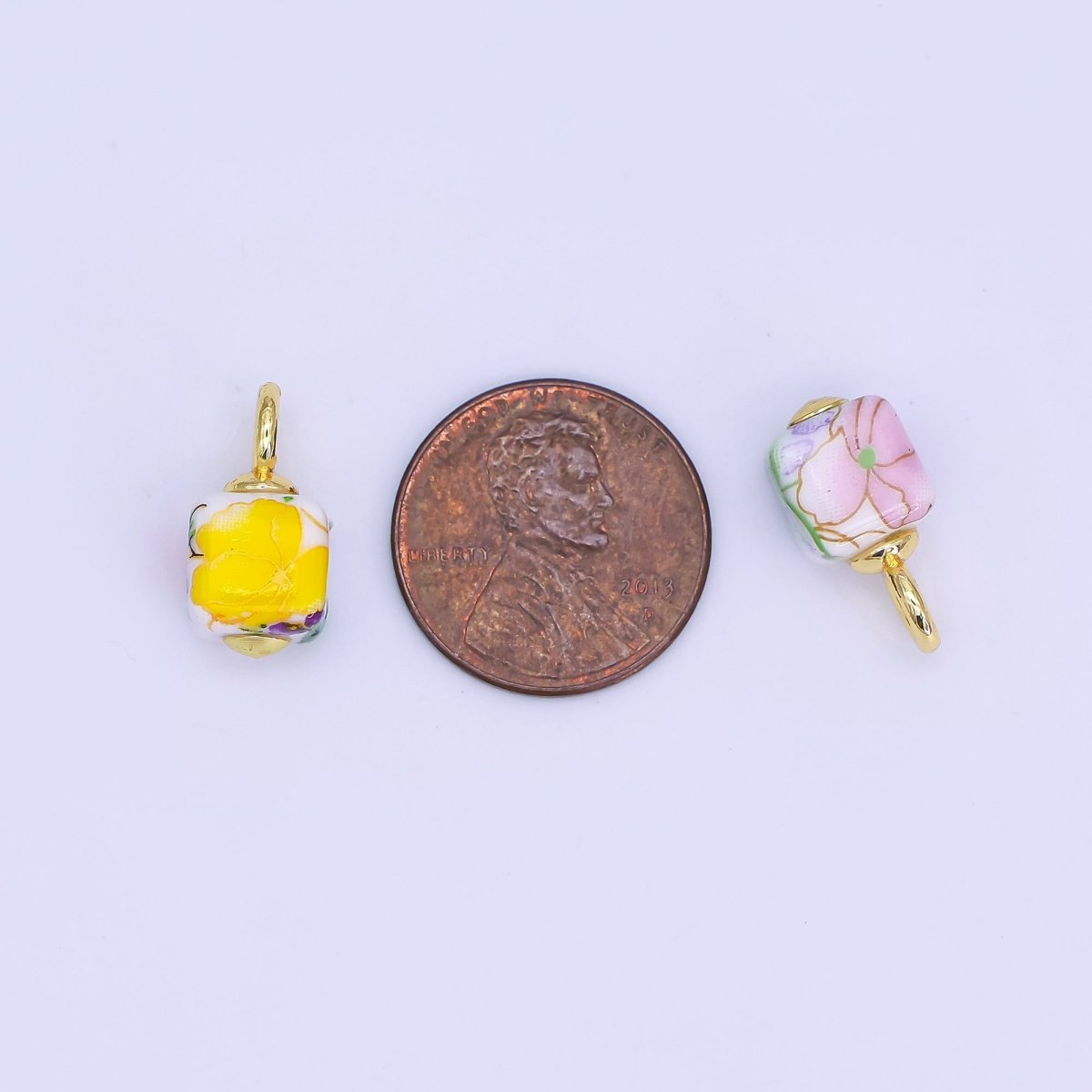 24K Gold Filled Green, Yellow, Purple, Red, Pink Flower Cube Ceramic Drop Pendant | E710 - E729 - DLUXCA