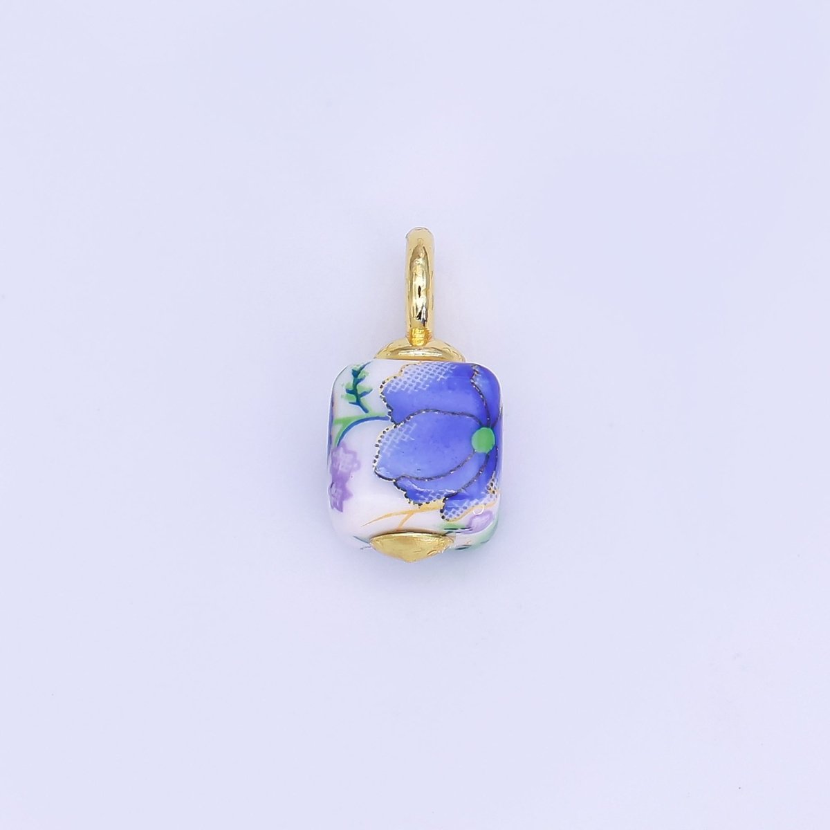 24K Gold Filled Green, Yellow, Purple, Red, Pink Flower Cube Ceramic Drop Pendant | E710 - E729 - DLUXCA