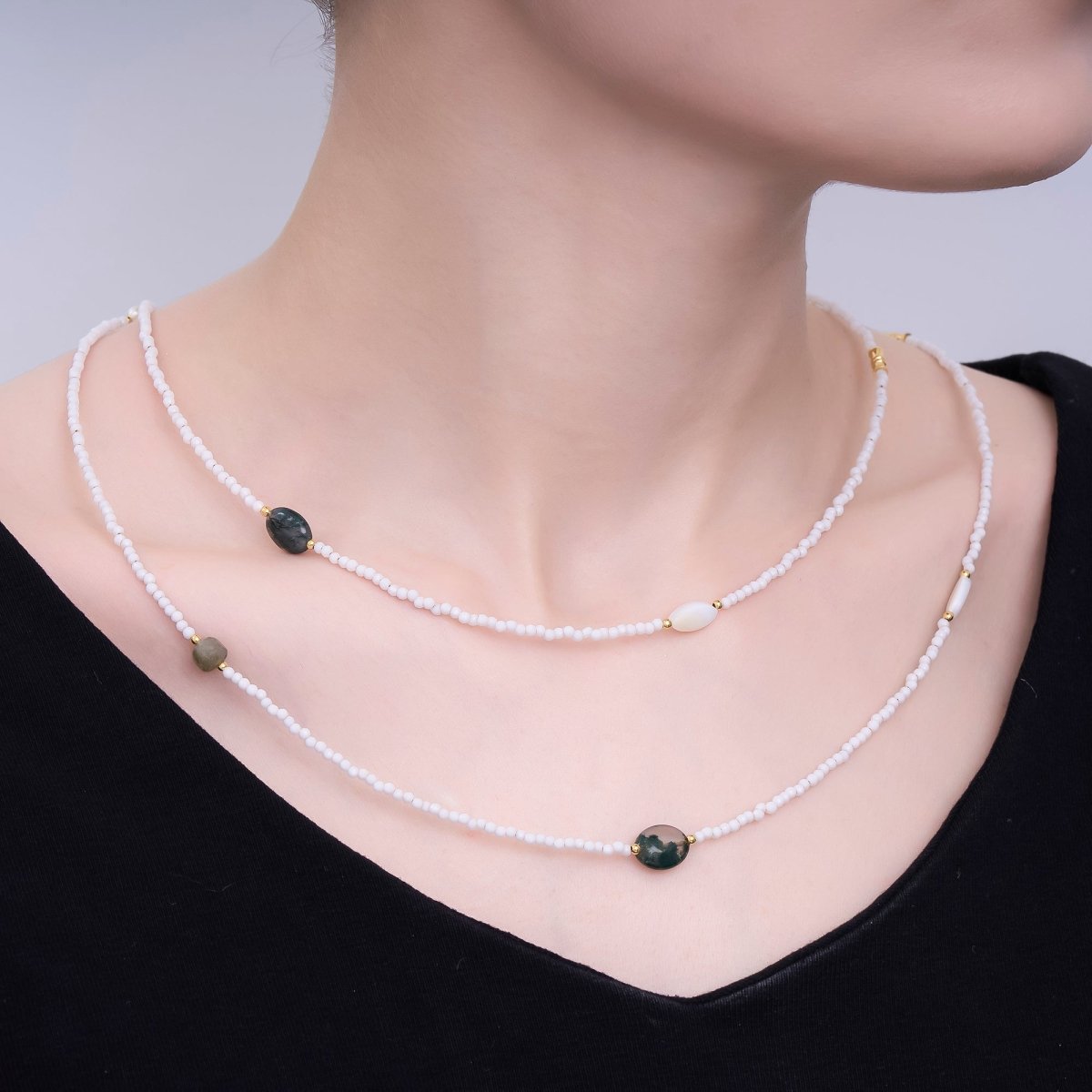 24K Gold Filled Grey Agate Shell Pearl Gemstone 40 Inches Necklace | WA - 3081 - DLUXCA